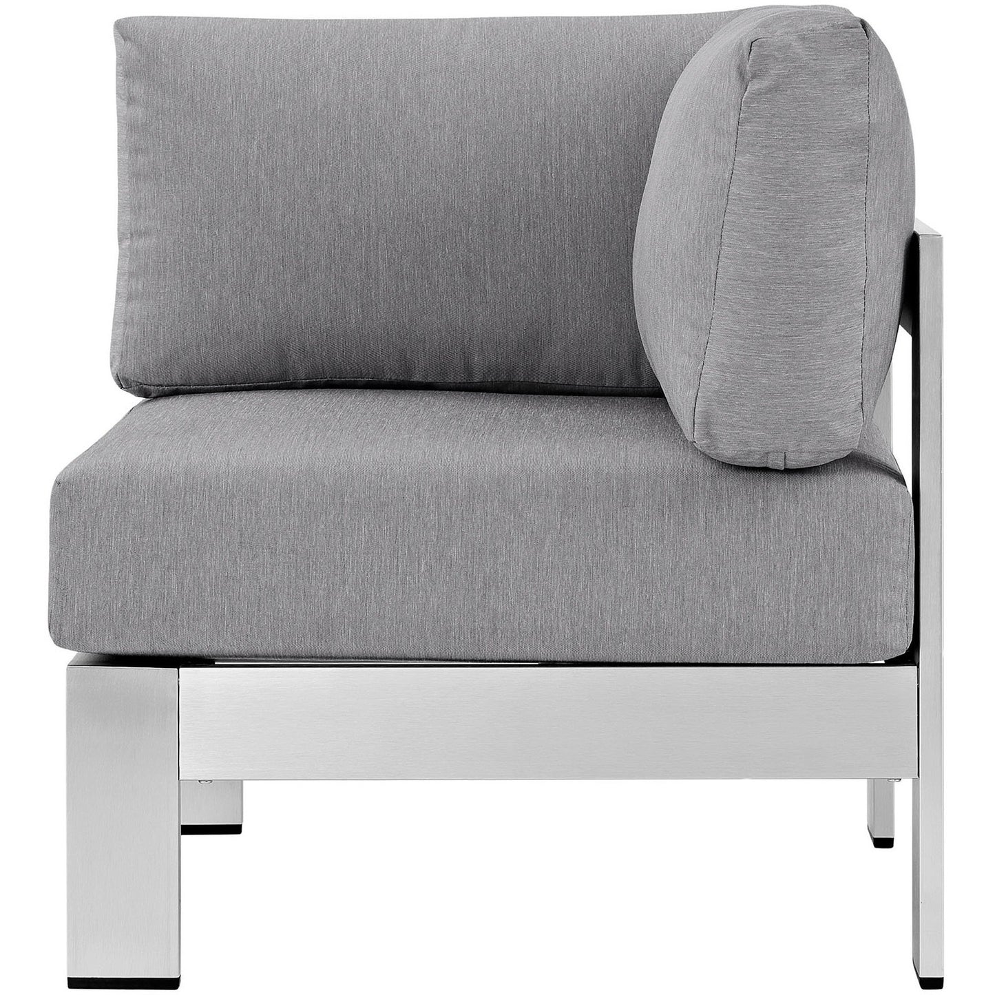 Gray outdoor aluminum corner sofa with cushioned seats and backs; modular sectional.