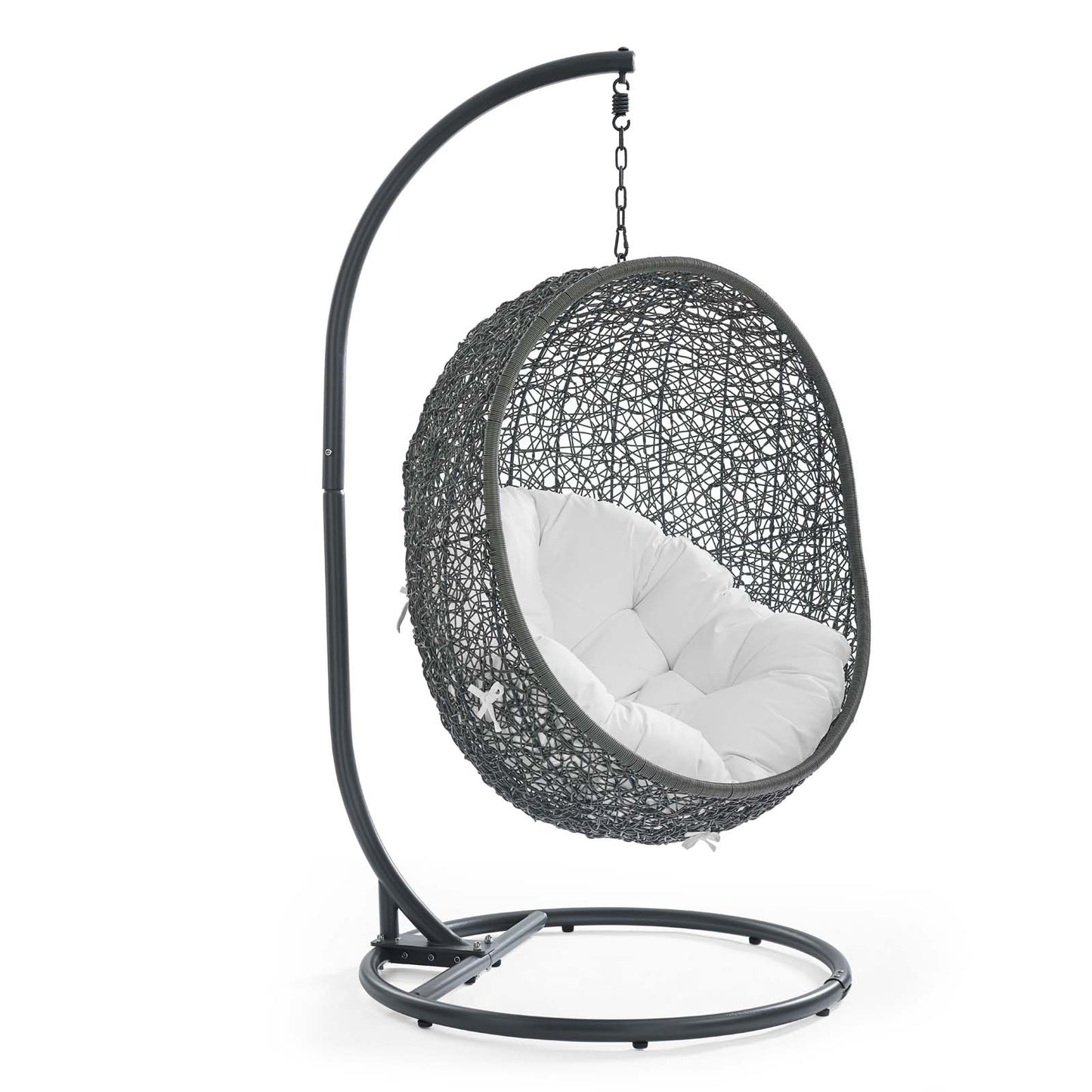 Gray woven egg chair with white cushion hanging from black curved metal stand.