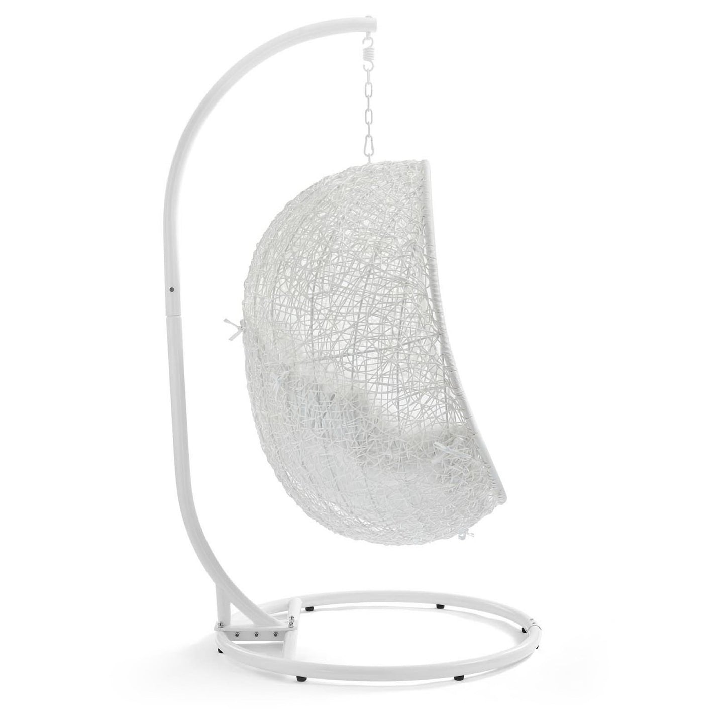 White freestanding swing chair with woven lattice seat, curved metal frame, chain suspension, circular base.