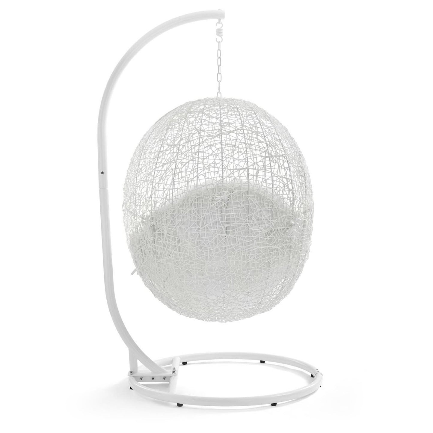 White woven spherical hanging chair on a curved metal stand with chain