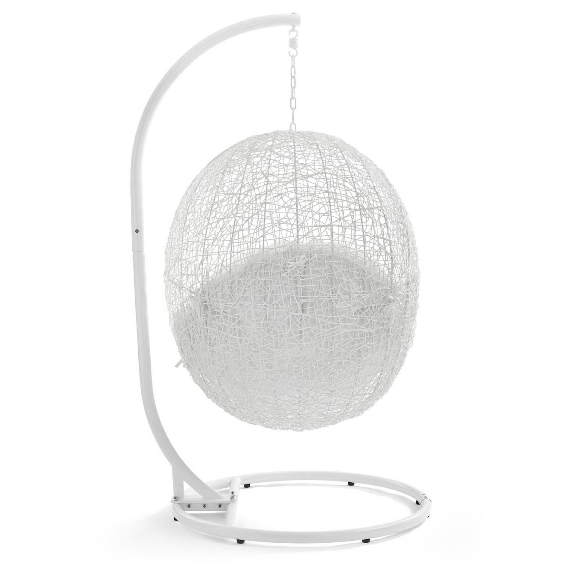 White woven spherical hanging chair on a curved metal stand with chain