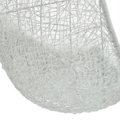 White outdoor patio swing chair with stand.