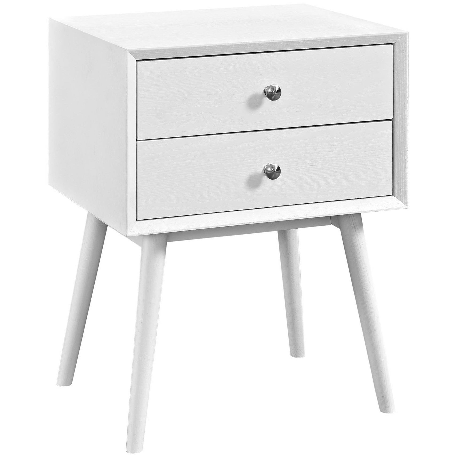 White mid-century modern two-drawer nightstand with round metal knobs and tapered legs.