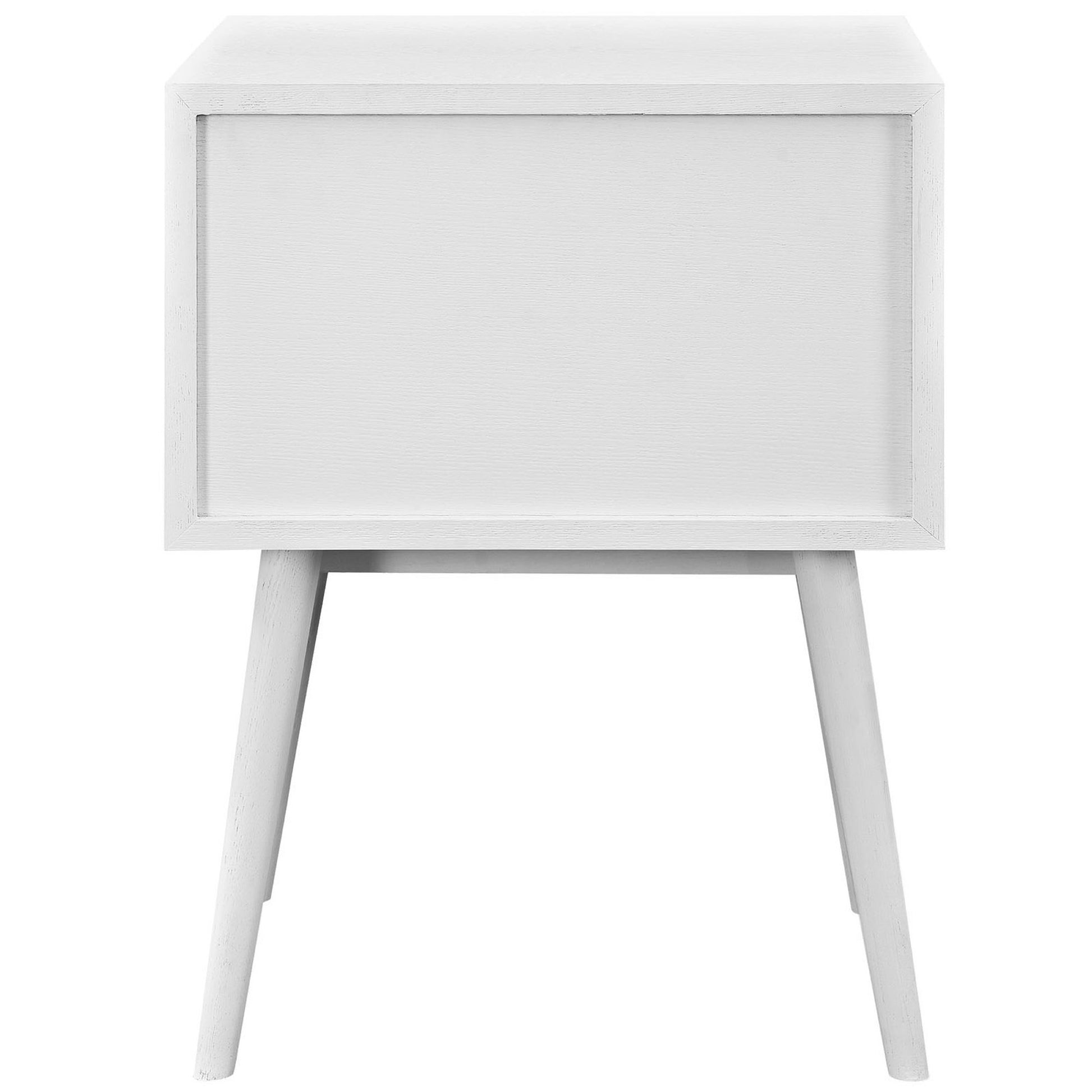 White rectangular nightstand with a framed front panel and two angled tapered legs.