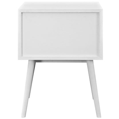 White rectangular nightstand with a framed front panel and two angled tapered legs.