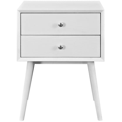 White mid-century modern two-drawer nightstand with tapered legs and round chrome knobs.