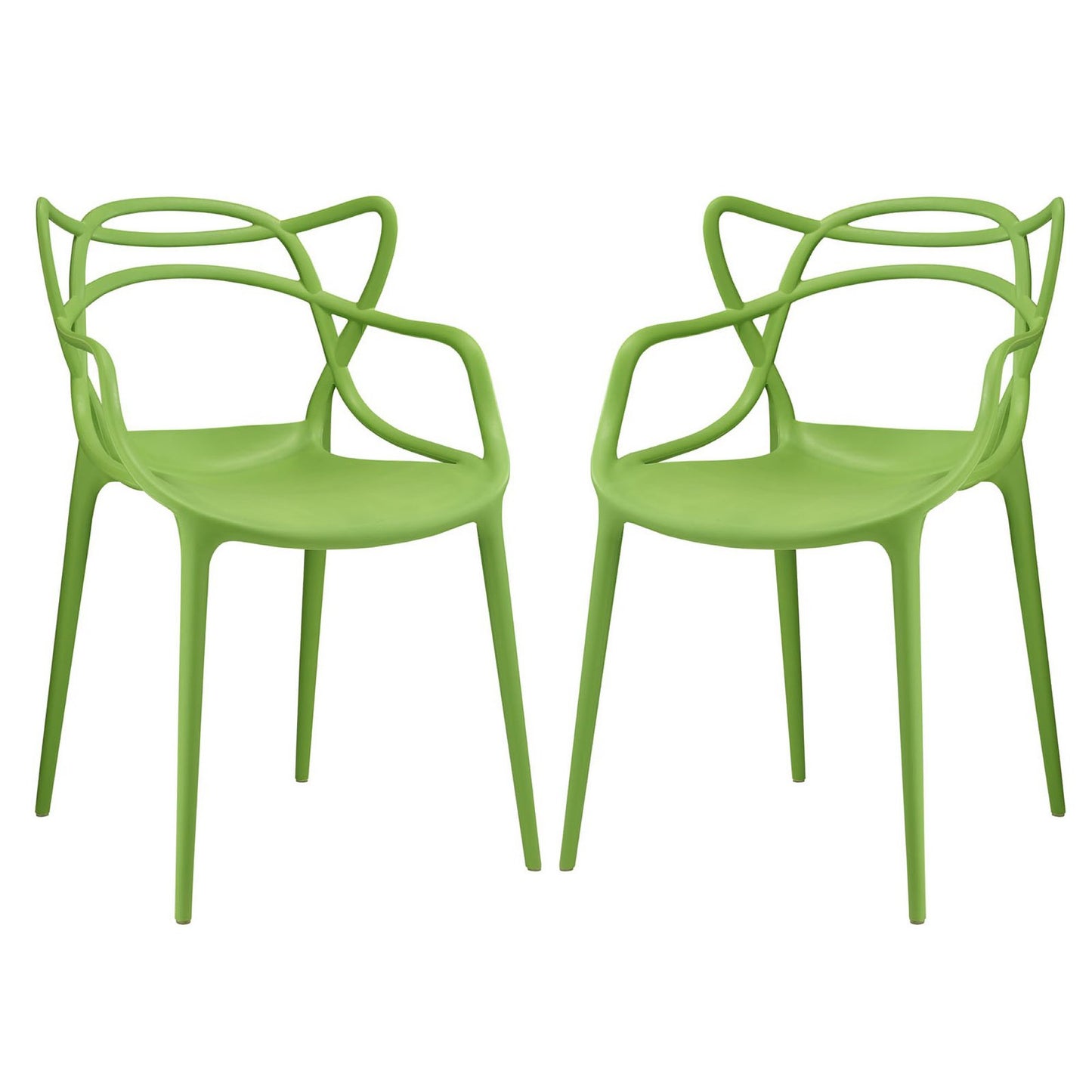 Pair of lime-green plastic chairs with curved loop-back design & slender legs, modern outdoor dining seating.