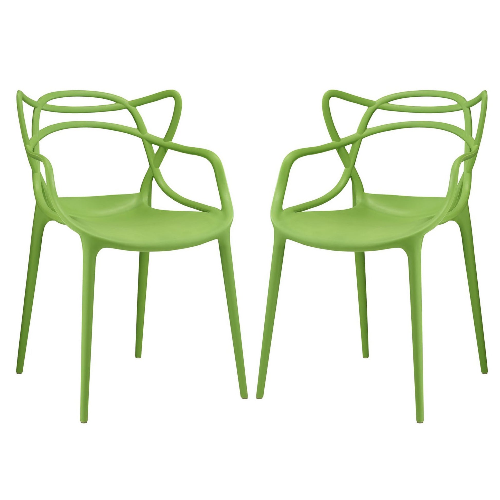 Pair of lime-green plastic chairs with curved loop-back design & slender legs, modern outdoor dining seating.