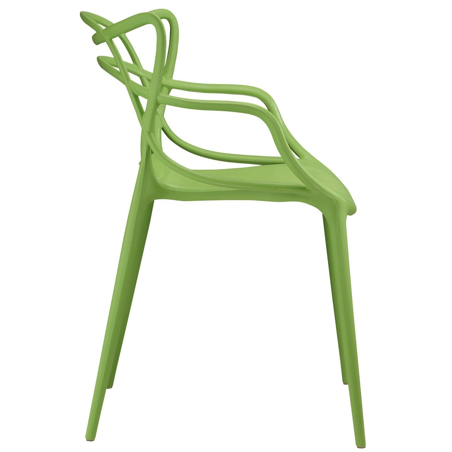 Two lime-green molded plastic dining chairs with curved looped backrests and four slender legs.