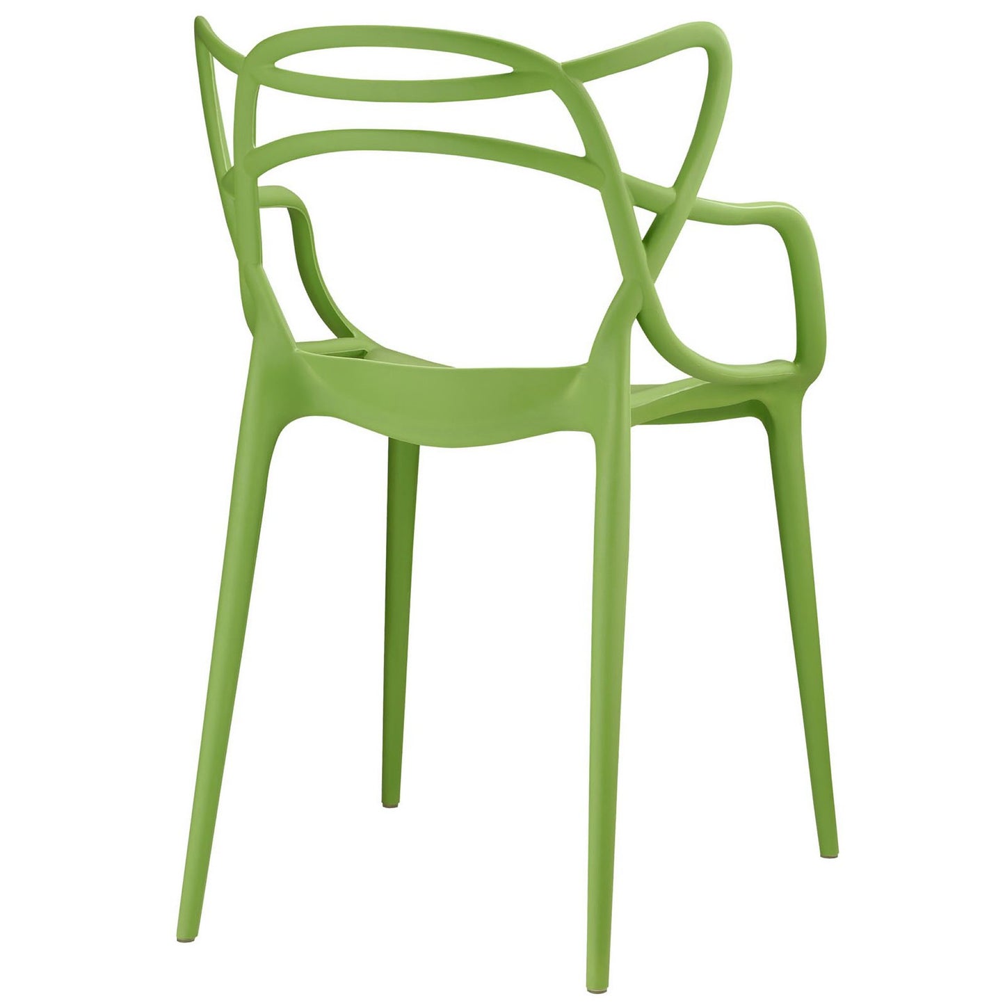Set of 2 lime green molded plastic dining chairs with curved backs and integrated armrests, slim legs, for outdoor dining.