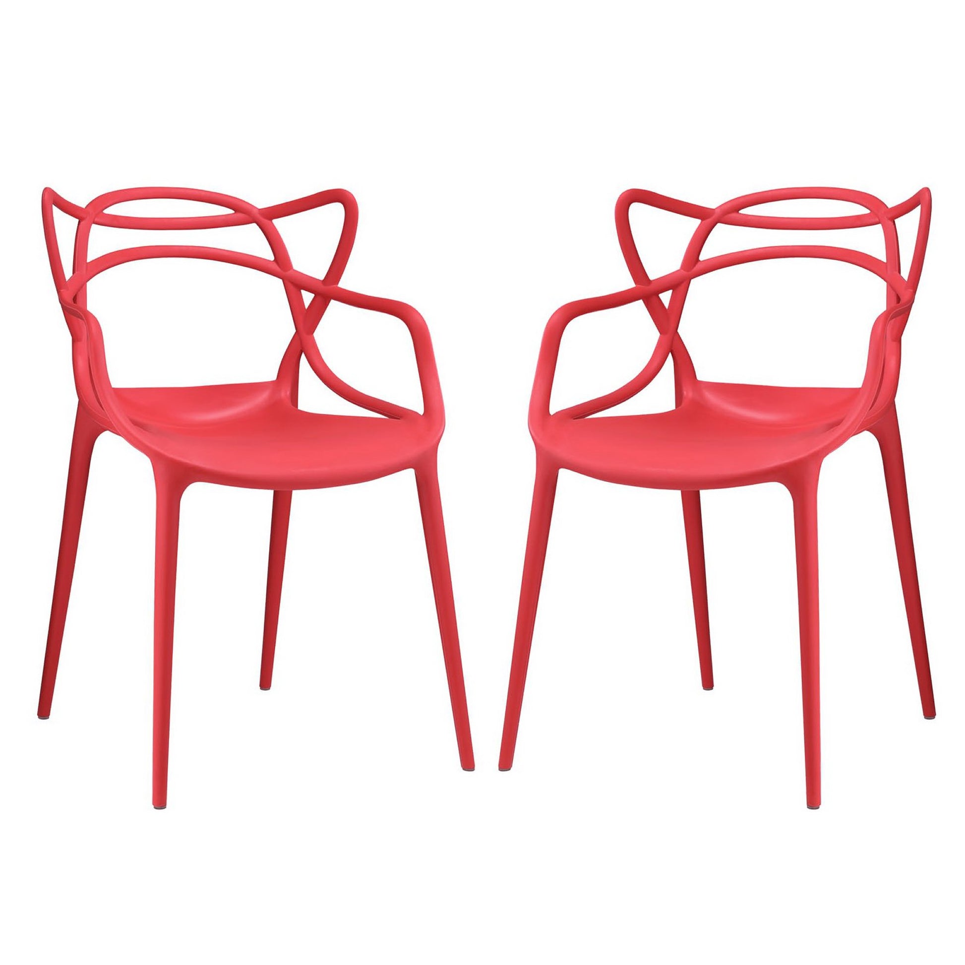 Pair of red molded plastic chairs with sculpted looped backrests and slender legs.