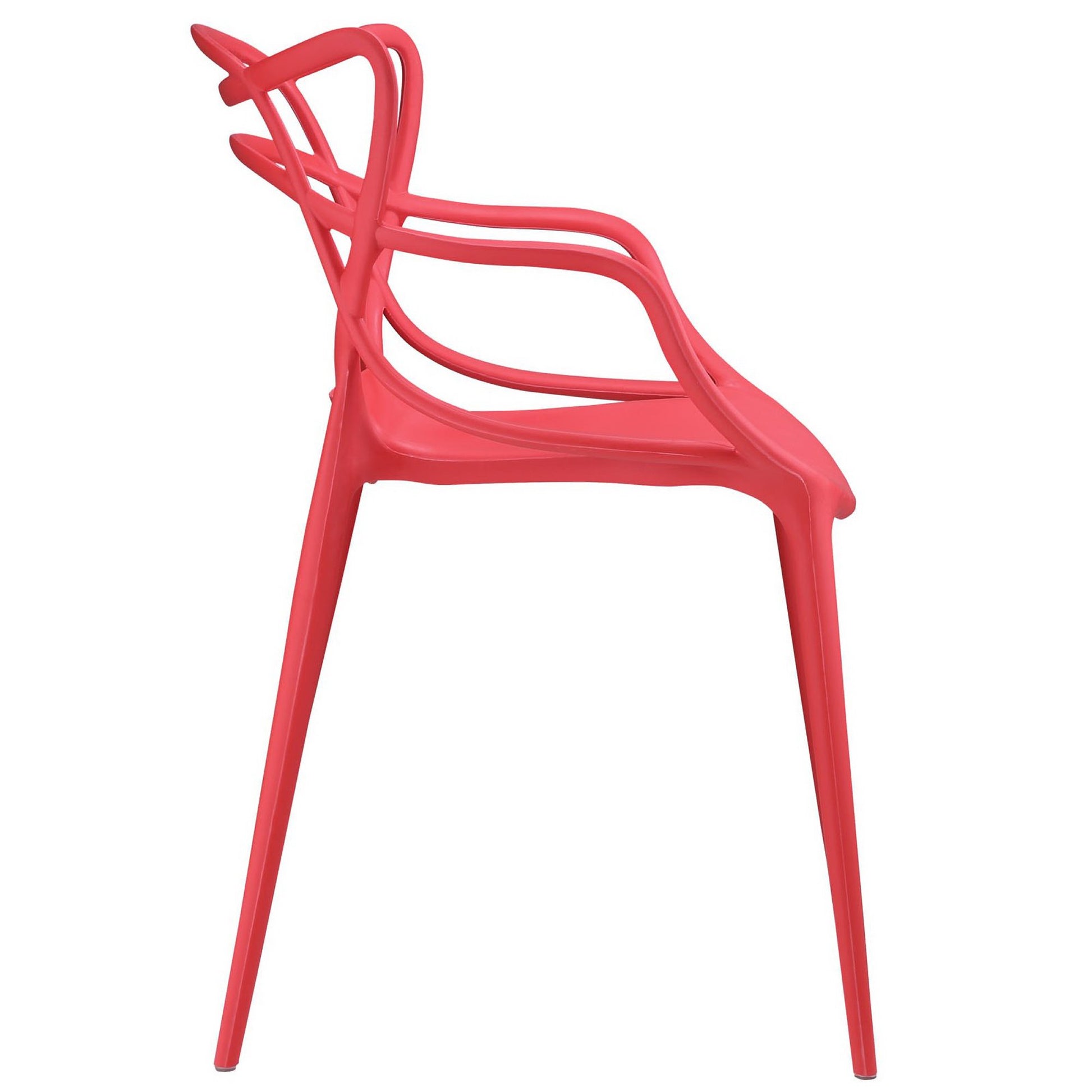 Red molded plastic dining chairs, set of 2, with curved backs and integrated armrests, four slim legs, modern stackable design.