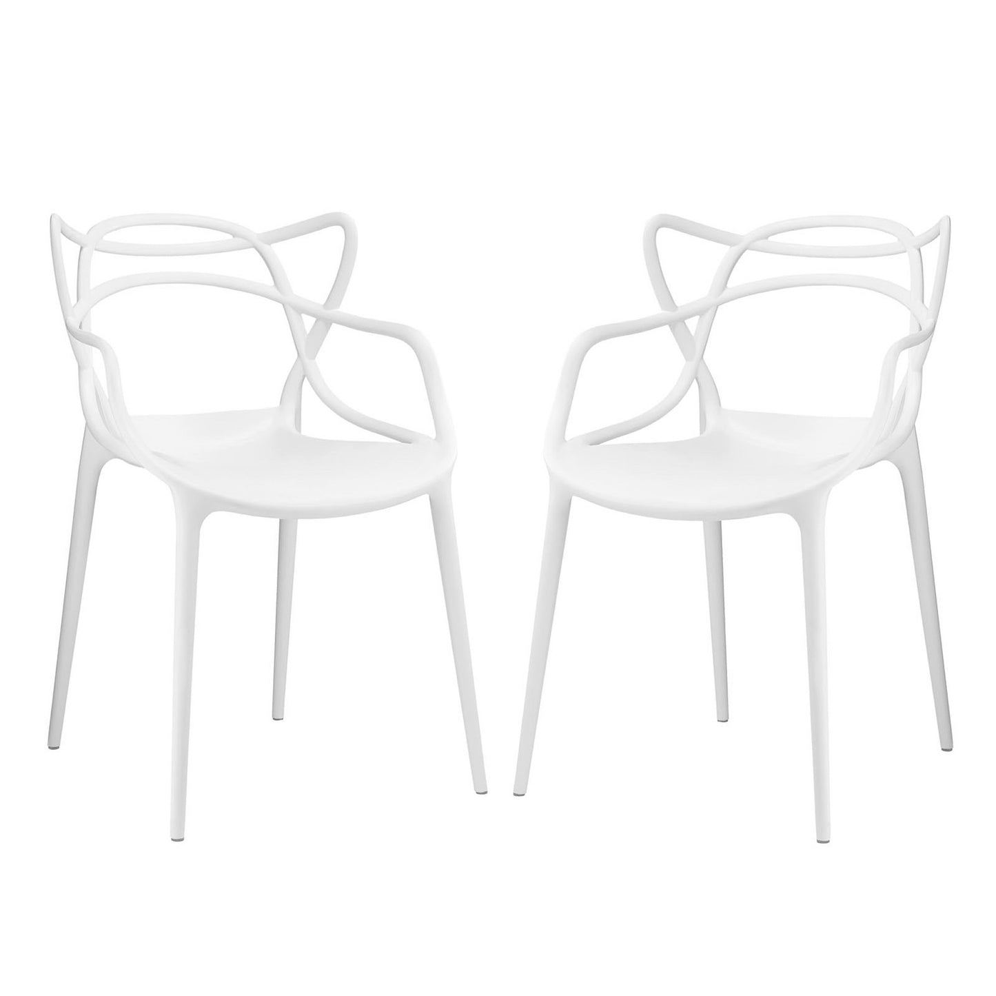 Set of two white modern chairs with sculptural loop-back arms and slim legs, outdoor-ready.