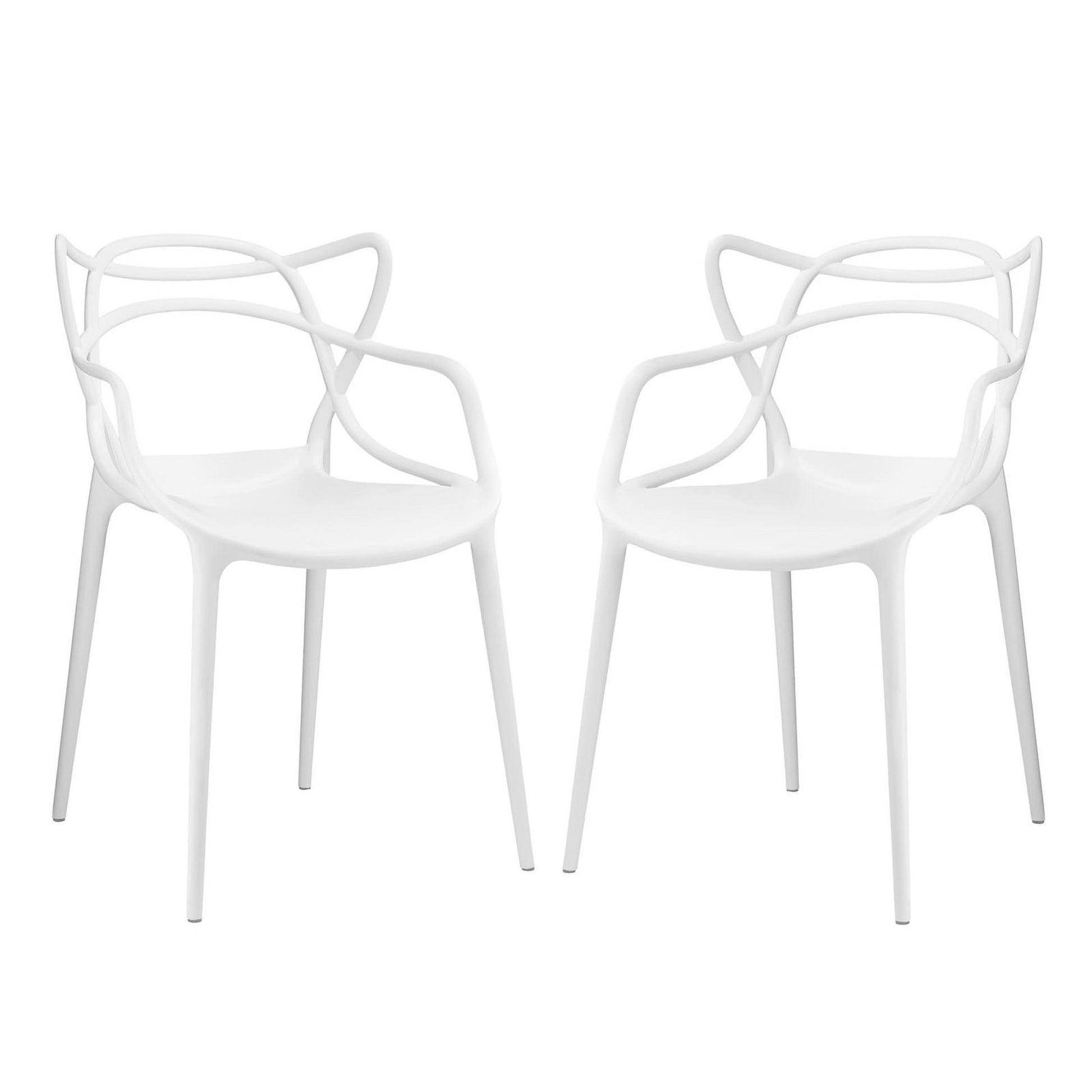 Set of two white modern chairs with sculptural loop-back arms and slim legs, outdoor-ready.