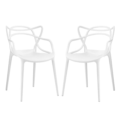 Set of two white modern chairs with sculptural loop-back arms and slim legs, outdoor-ready.