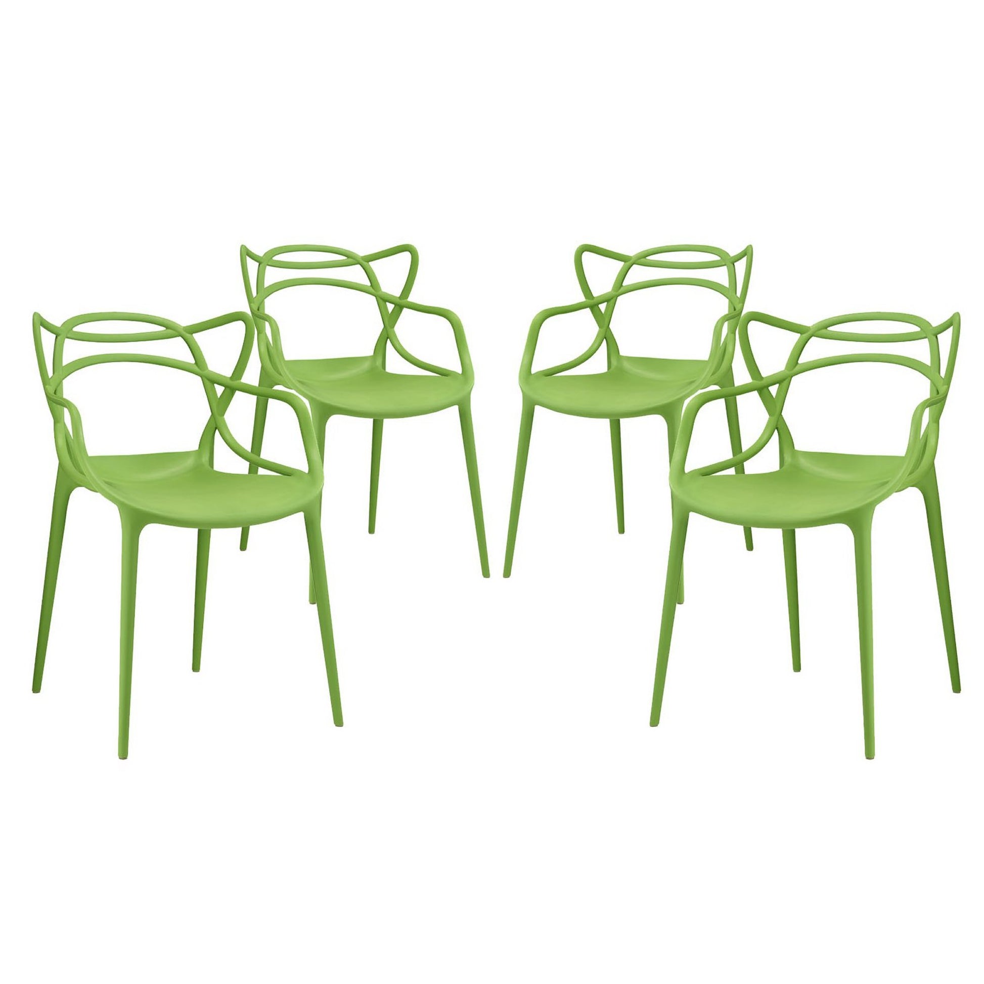Four lime-green molded plastic dining chairs with sculptural looped backrests and slender legs.
