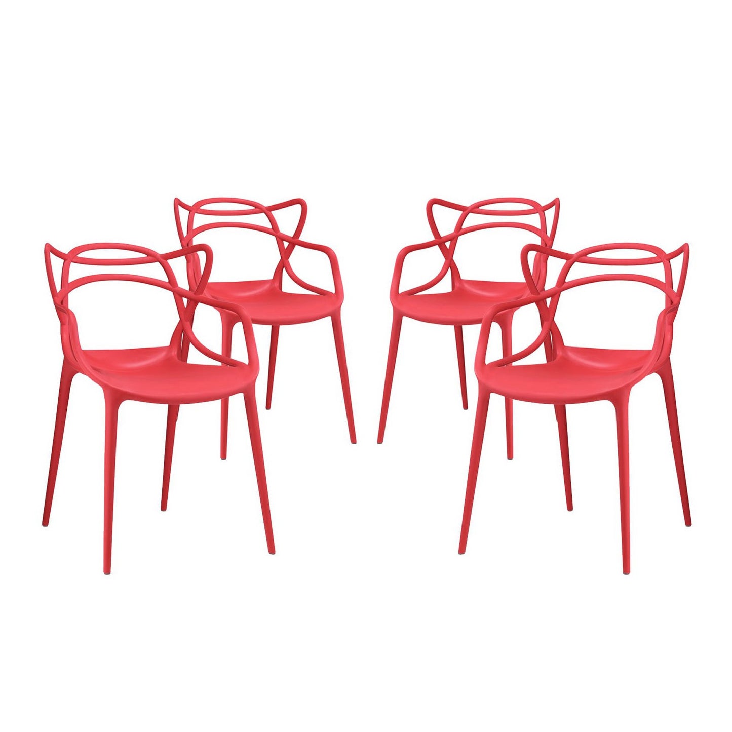 Set of 4 red molded-plastic dining chairs with curved backs and slender legs.
