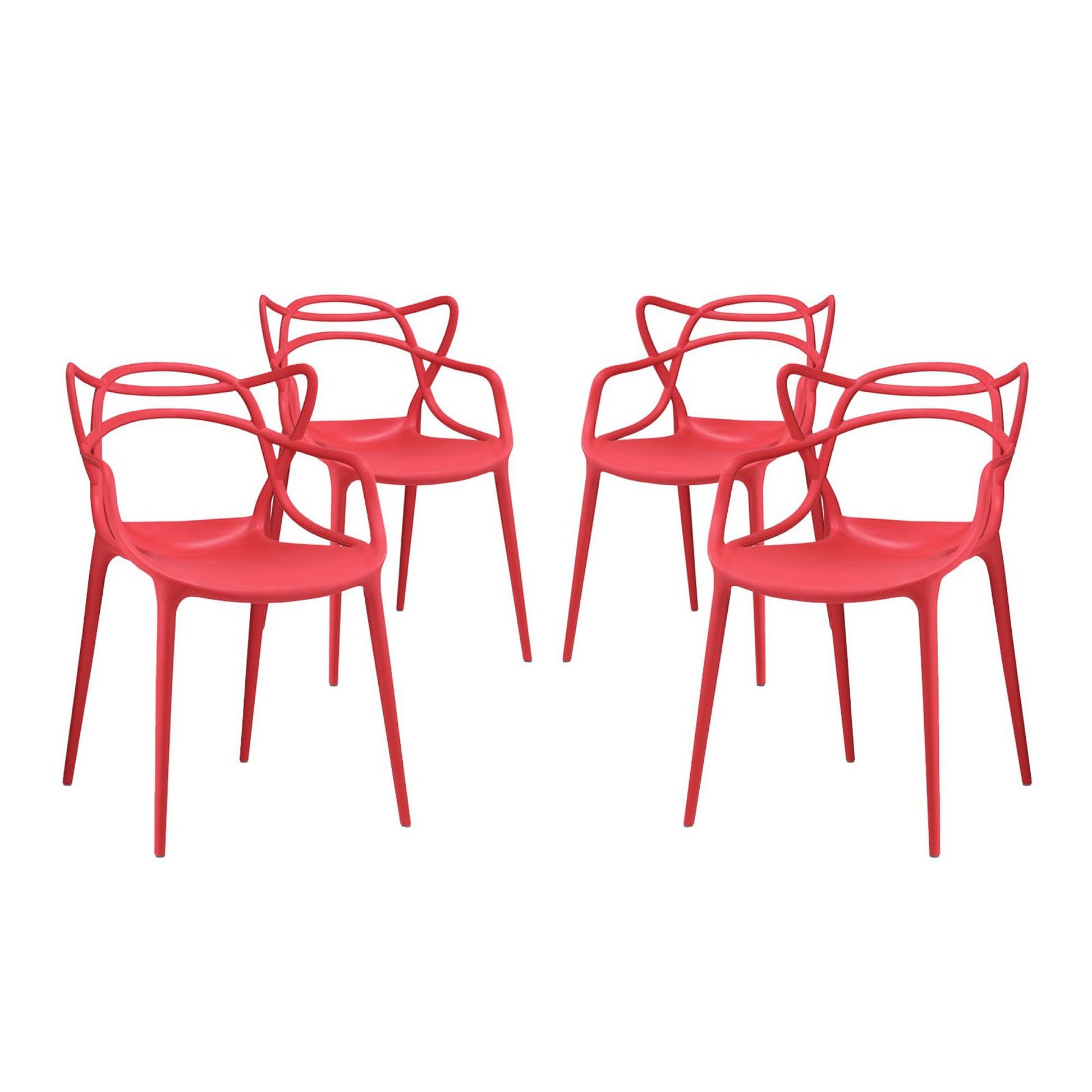 Set of 4 red molded-plastic dining chairs with curved backs and slender legs.