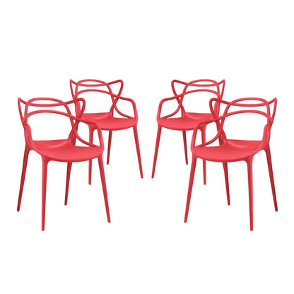 Set of 4 red molded-plastic dining chairs with curved backs and slender legs.