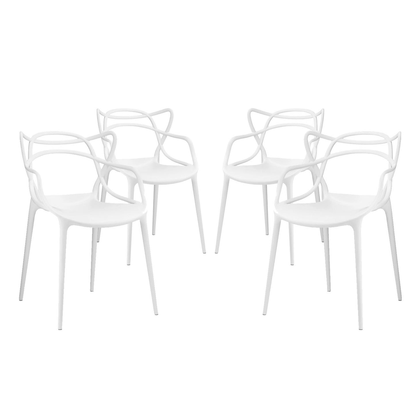 Set of four white molded-plastic dining chairs with curved backs and slender legs, modern minimalist style.