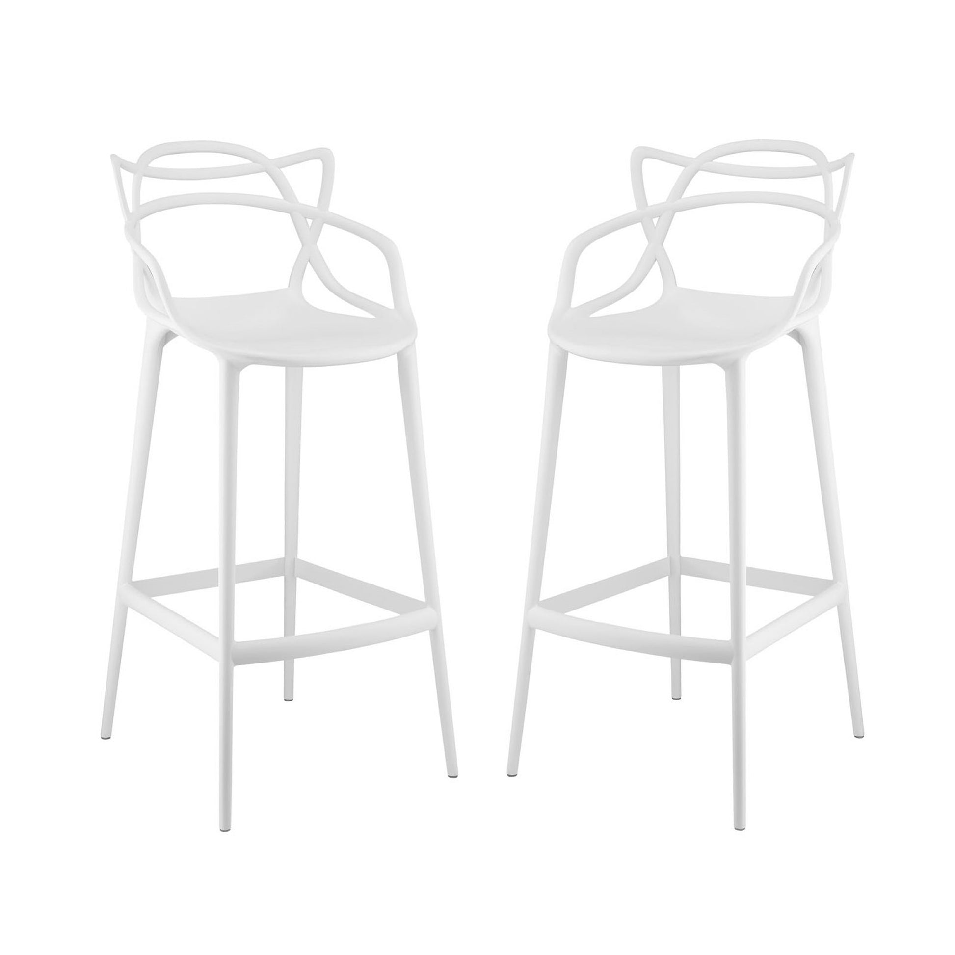 White metal bar stools with round seats, sculptural petal-back arms, slim legs and footrests.