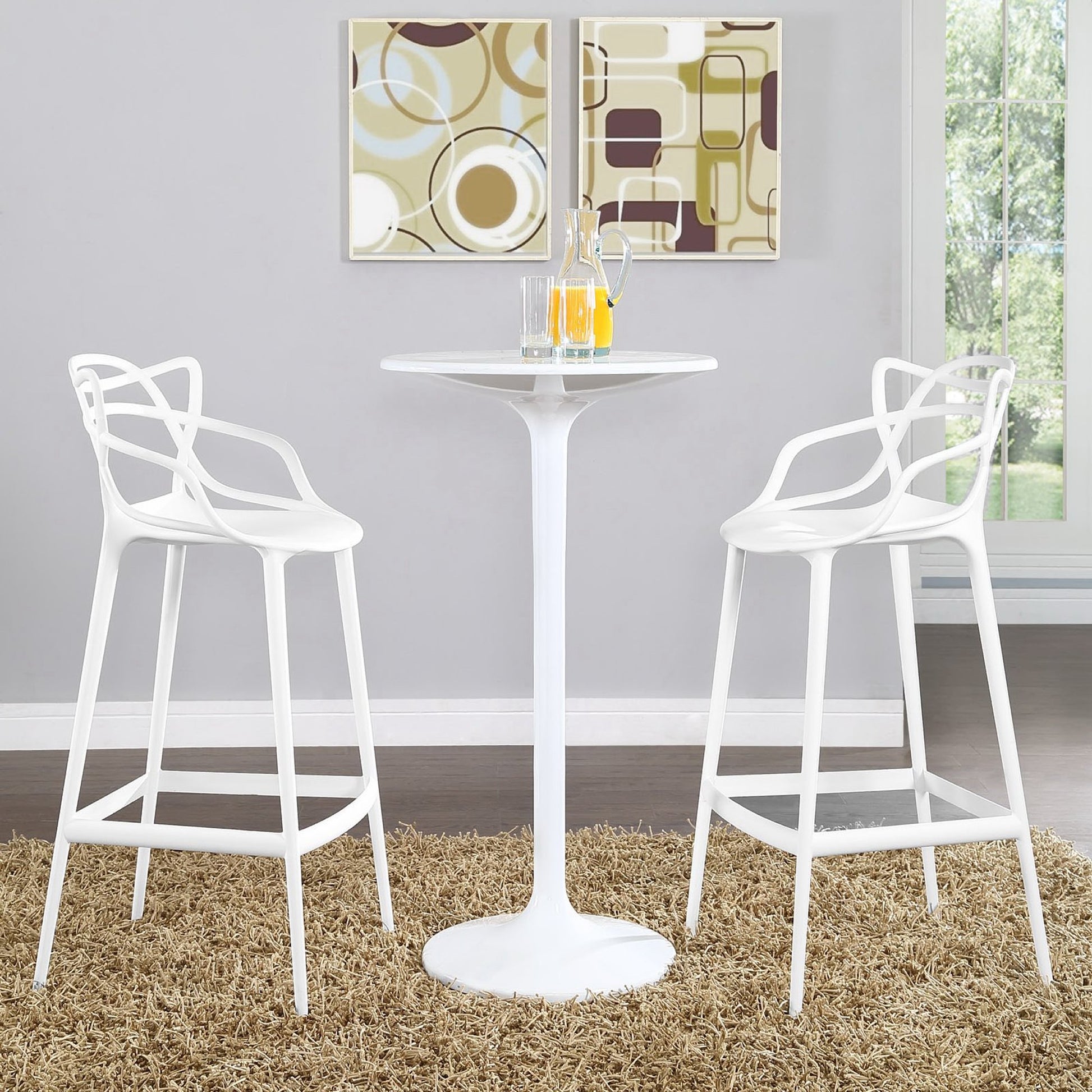 Pair of white metal bar stools with geometric backs, set of 2.