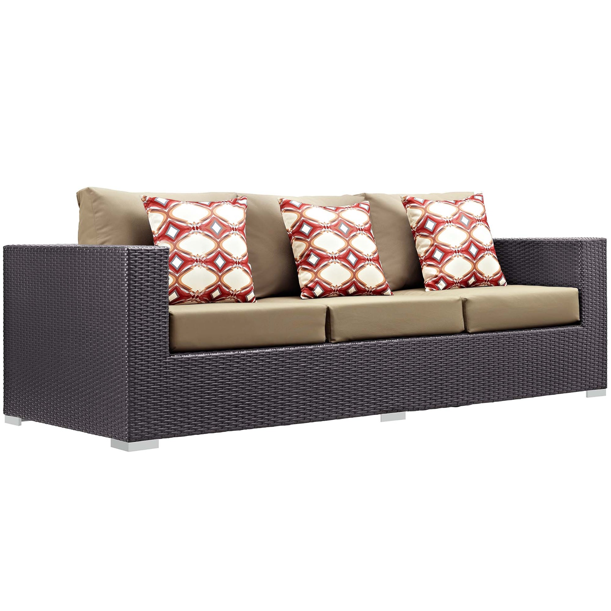 Espresso brown wicker outdoor three-seat sofa with tan cushions and red geometric-pattern throw pillows.