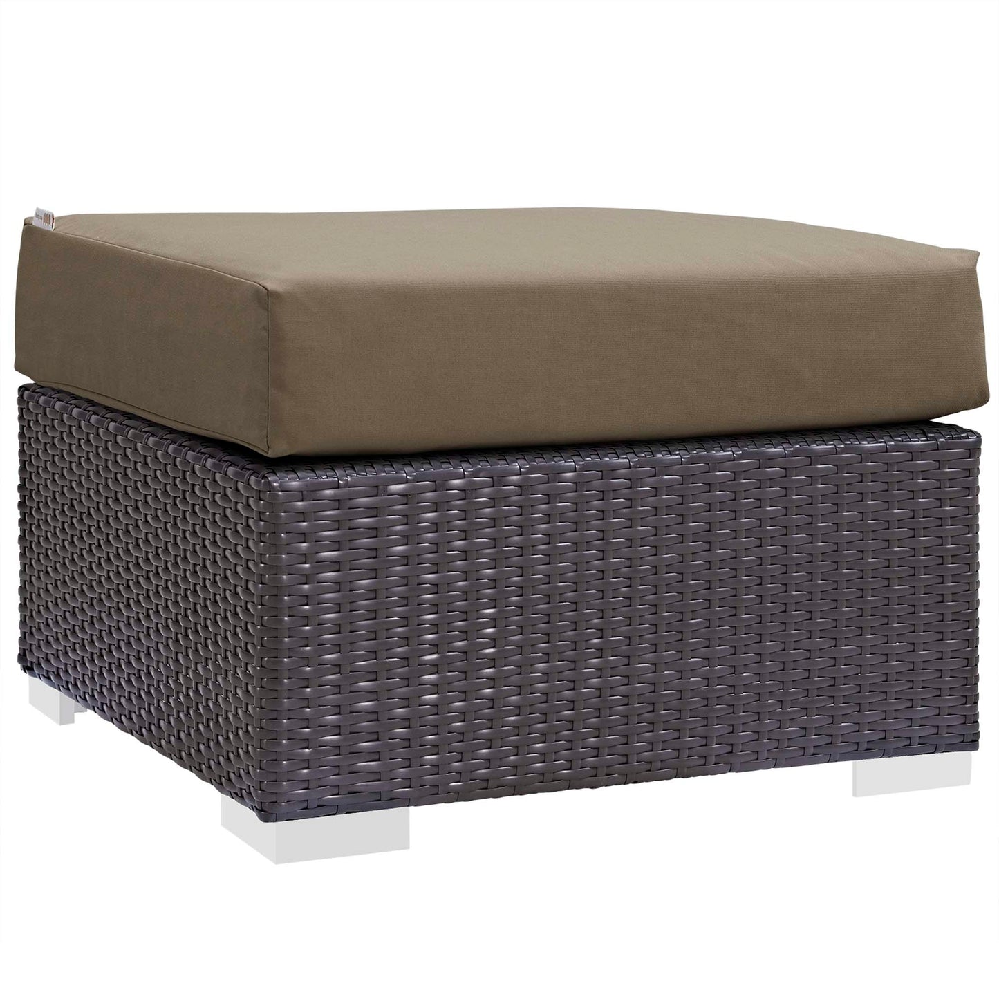 Dark brown woven rattan 3-piece outdoor patio sofa set with tan cushions; includes a rectangular ottoman and seating pieces on white square feet.