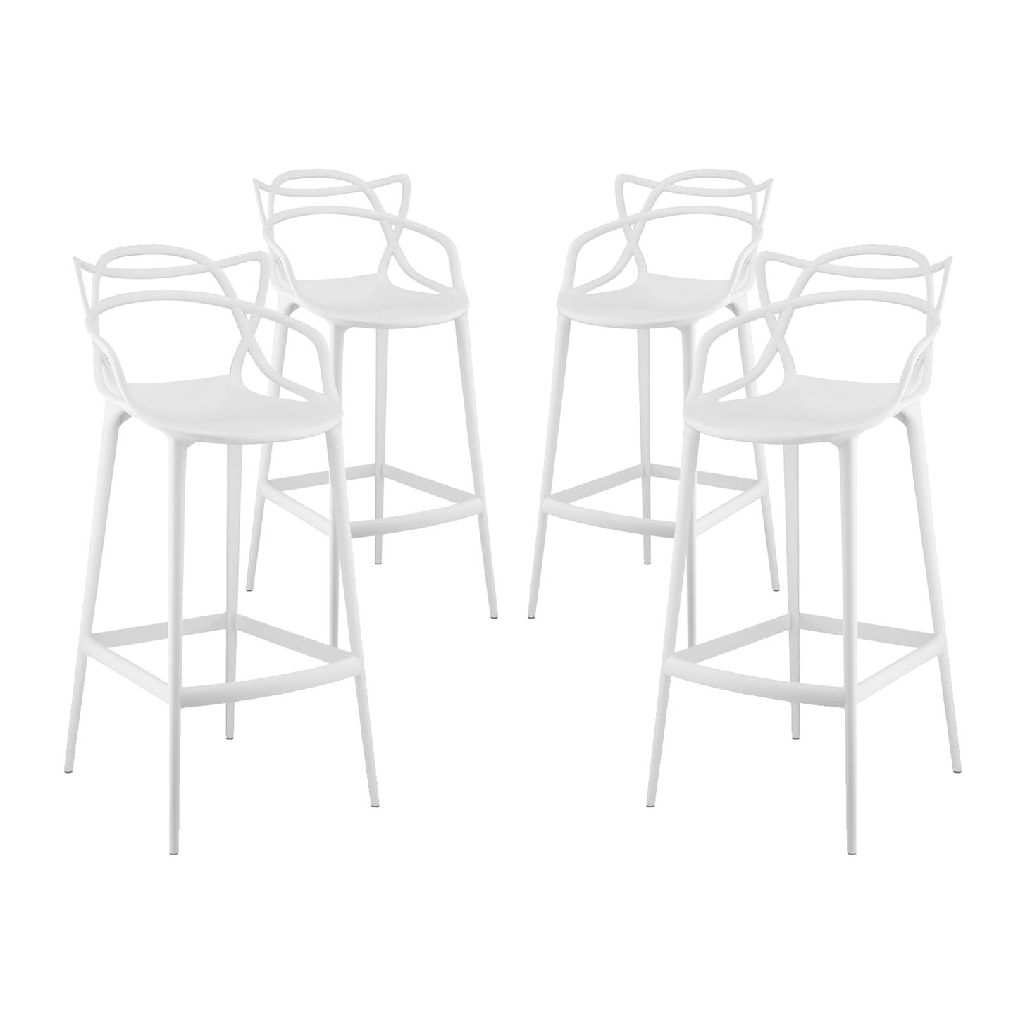 Four white metal bar stools with round seats and sculpted loop-back design.