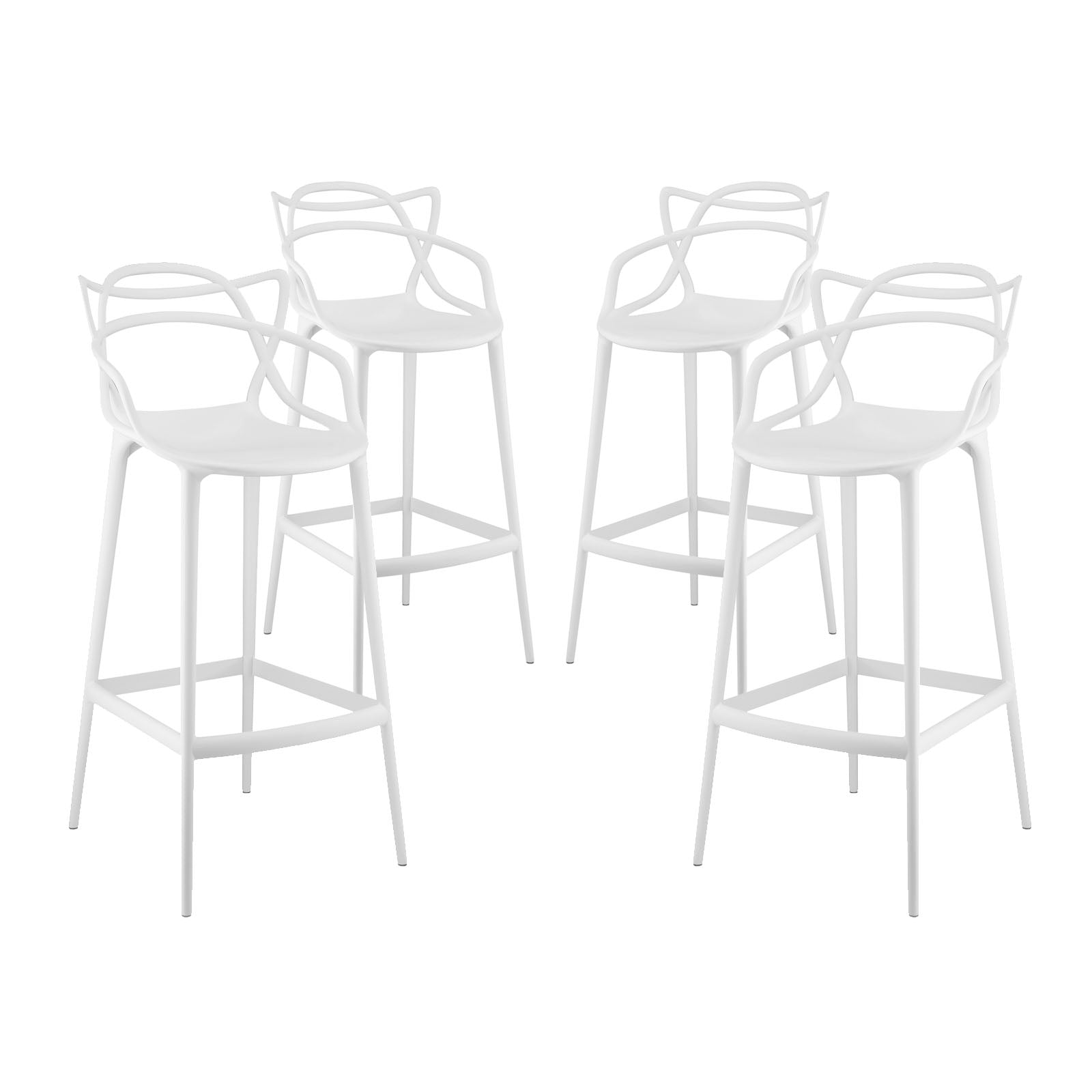 Four white metal bar stools with round seats and sculpted loop-back design.