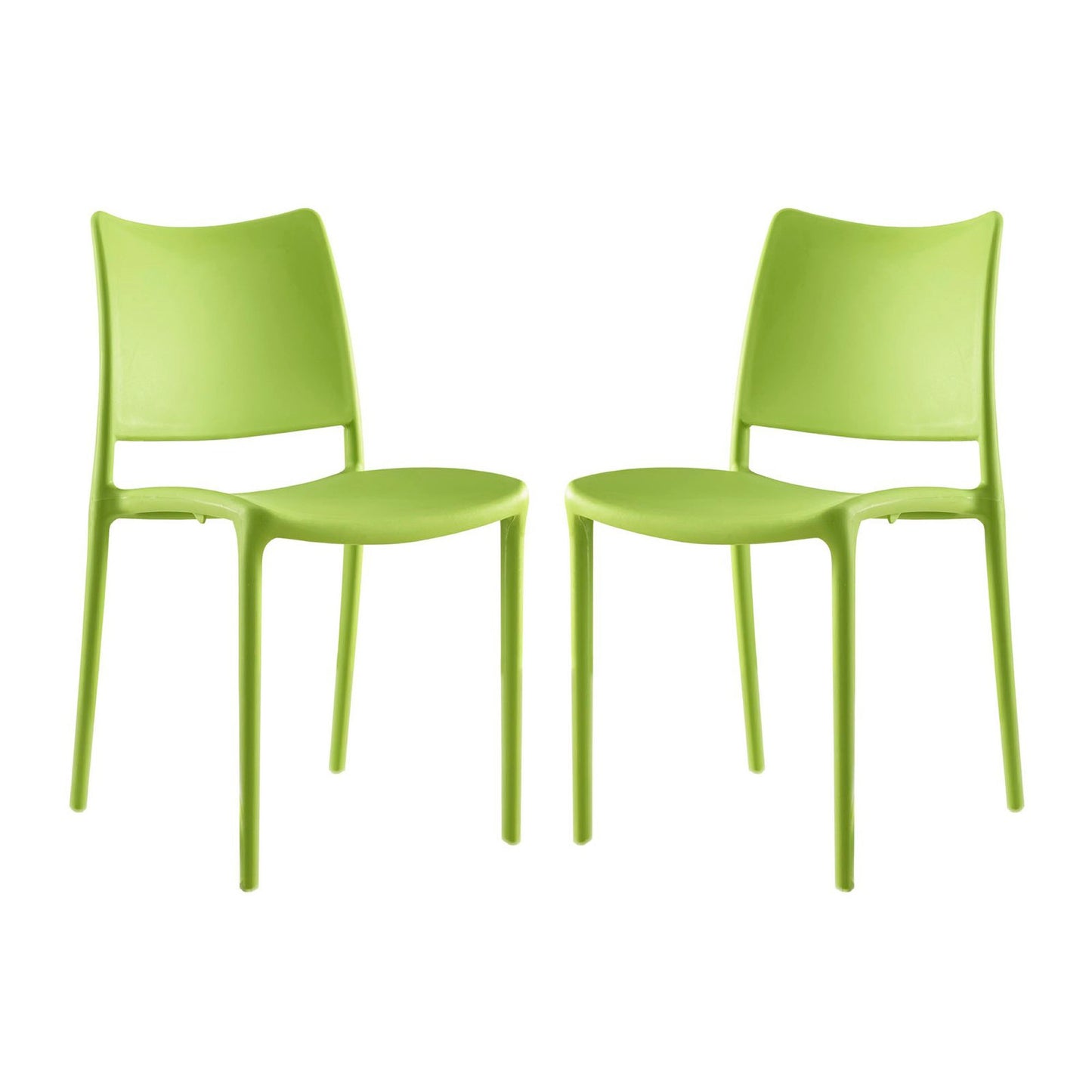 Set of 2 lime green plastic dining chairs with curved backs and slender legs in a modern minimalist style.