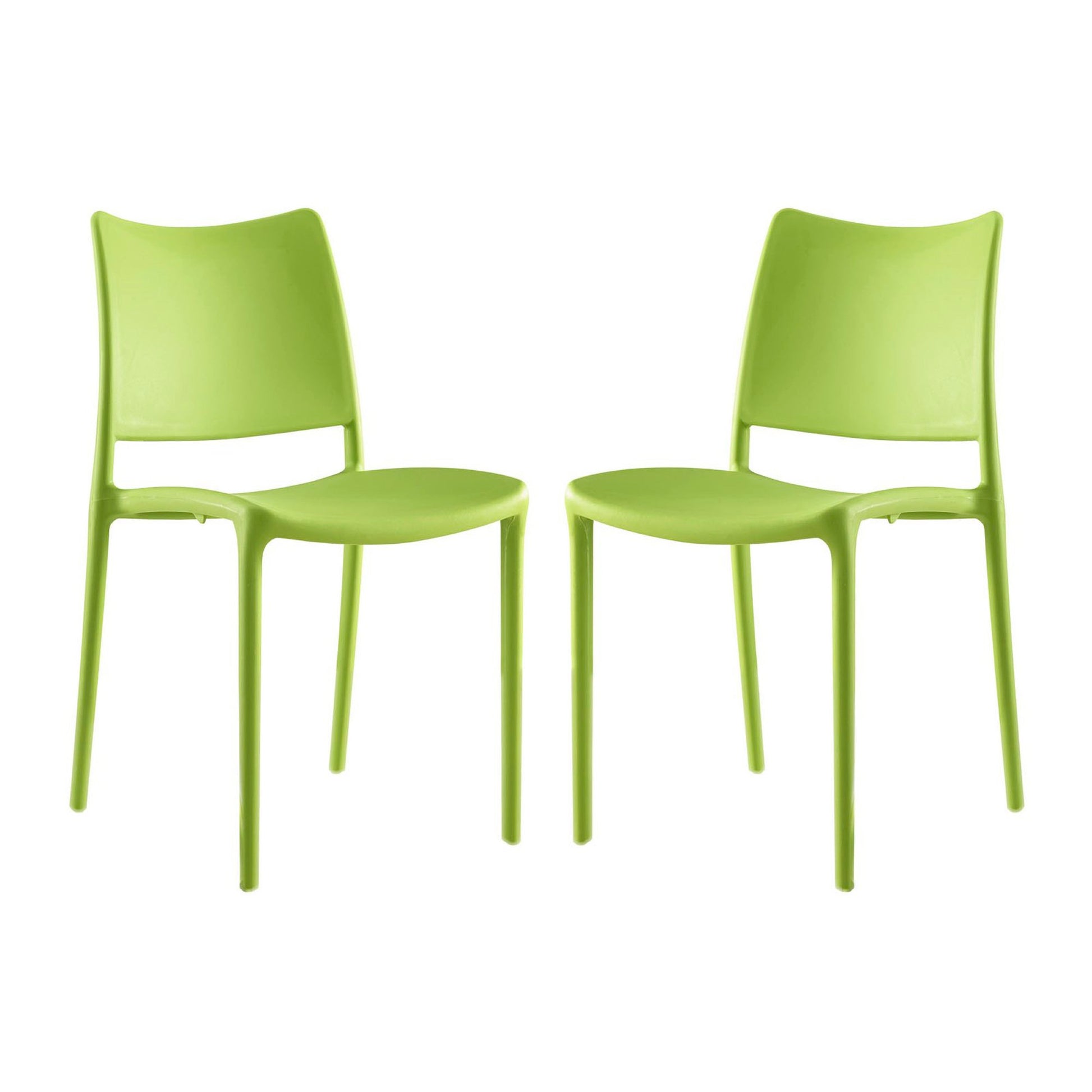 Set of 2 lime green plastic dining chairs with curved backs and slender legs in a modern minimalist style.