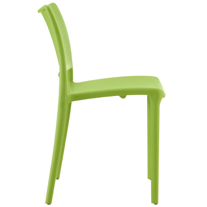 Lime green plastic dining chairs, curved backrests, flat seats, four slim legs, set of 2.