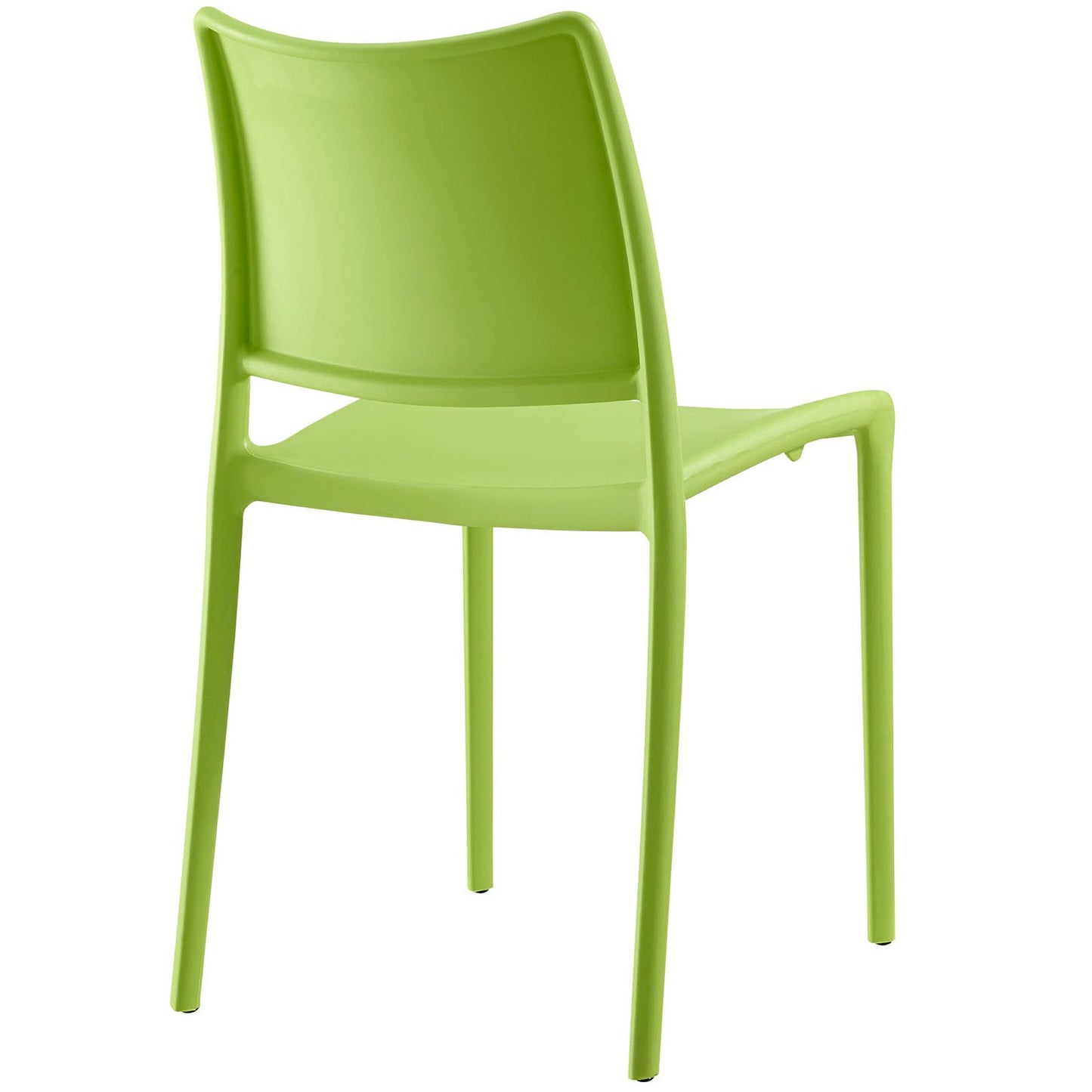 Lime green plastic dining chair with curved back, molded seat and slender legs; modern dining style.