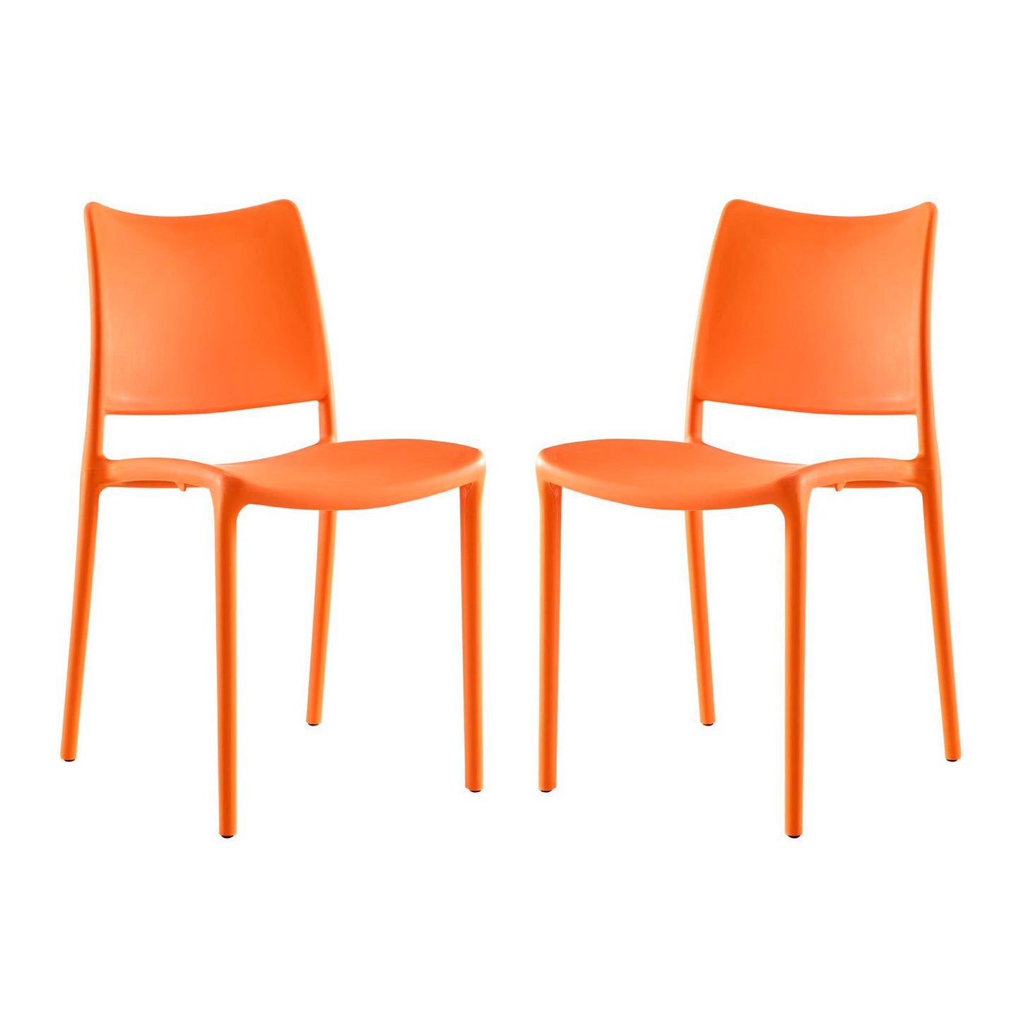 Pair of bright orange molded plastic dining chairs with curved backs and slender legs for modern casual seating.