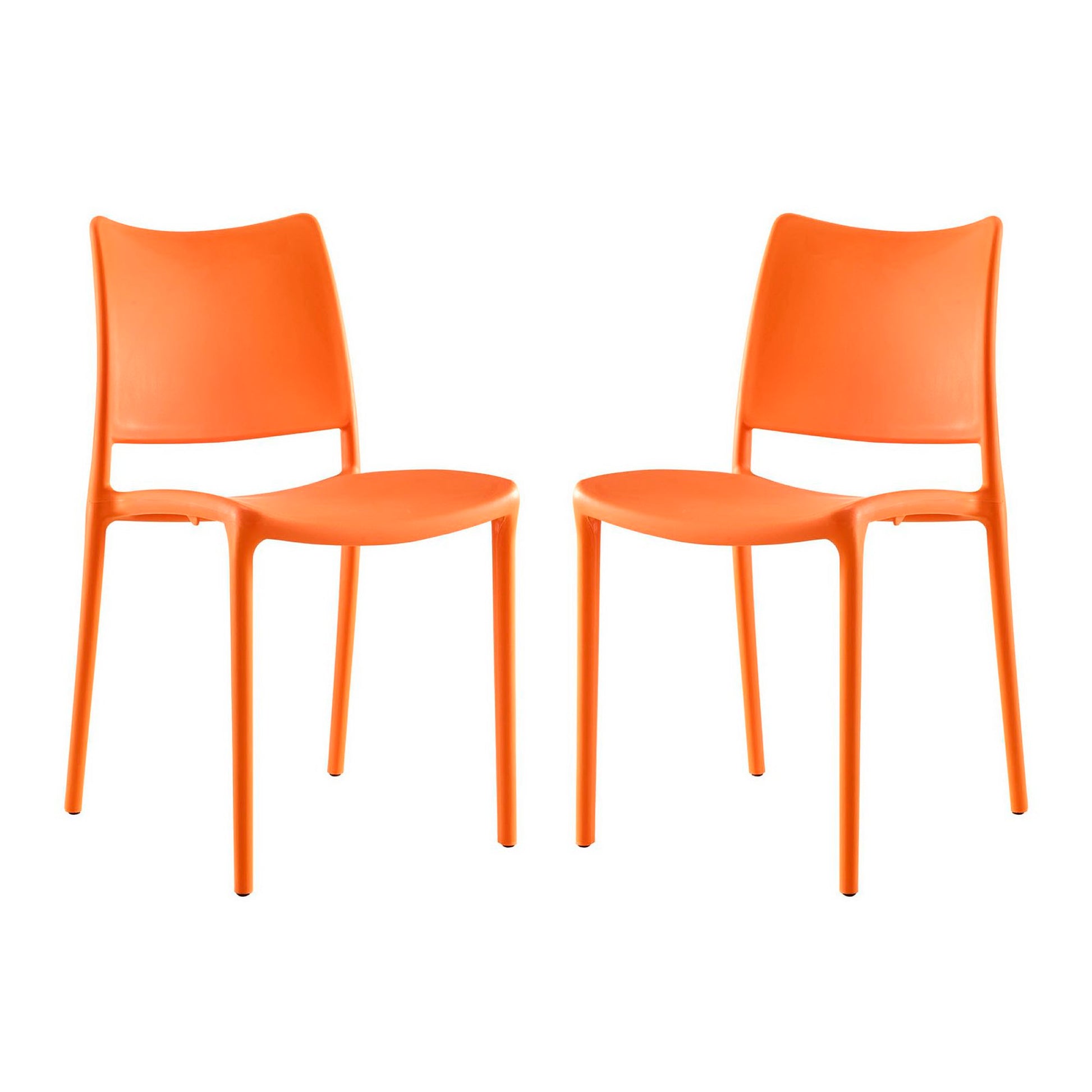 Pair of bright orange molded plastic dining chairs with curved backs and slender legs for modern casual seating.