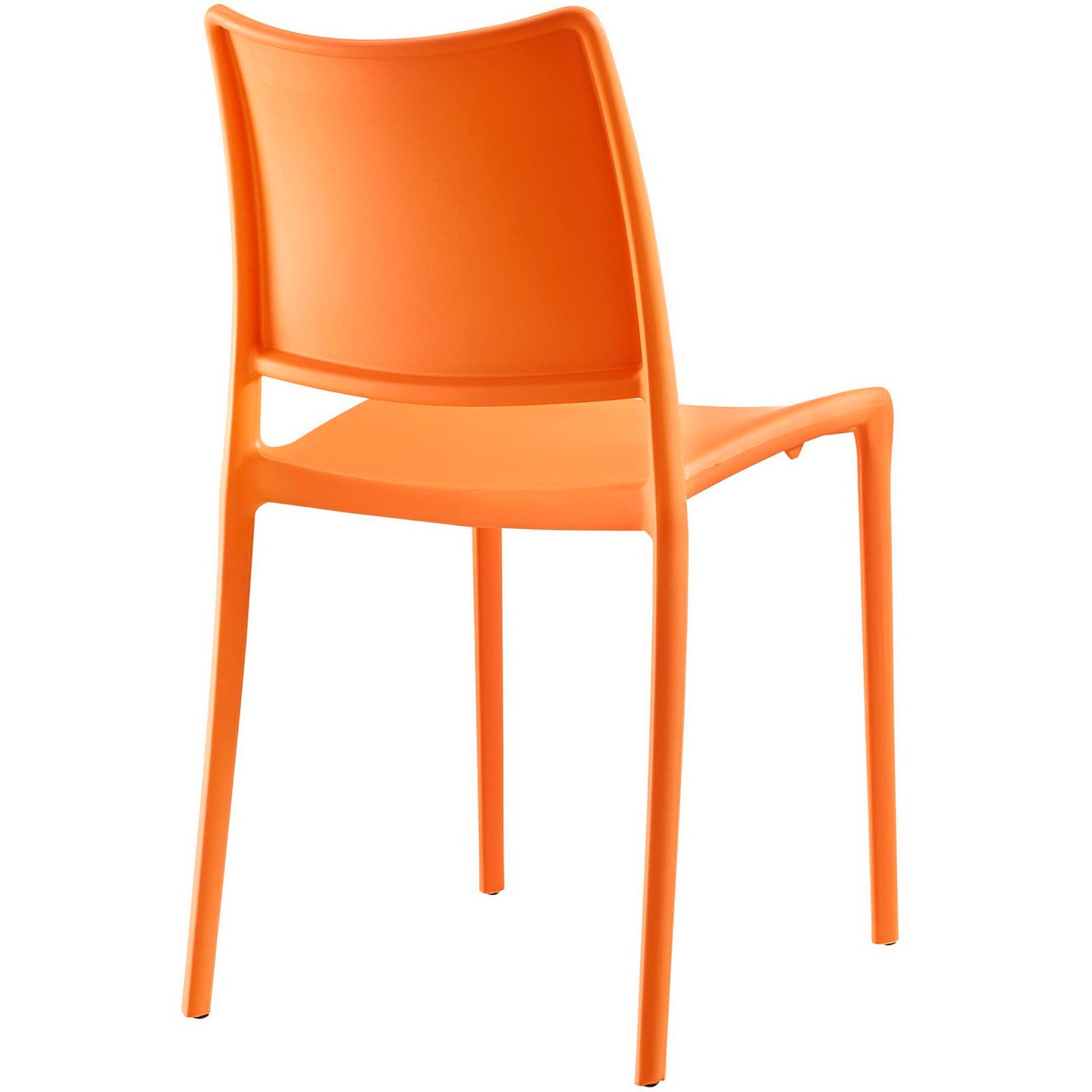 Bright orange plastic dining chair with a curved backrest and four slender legs; set of 2.