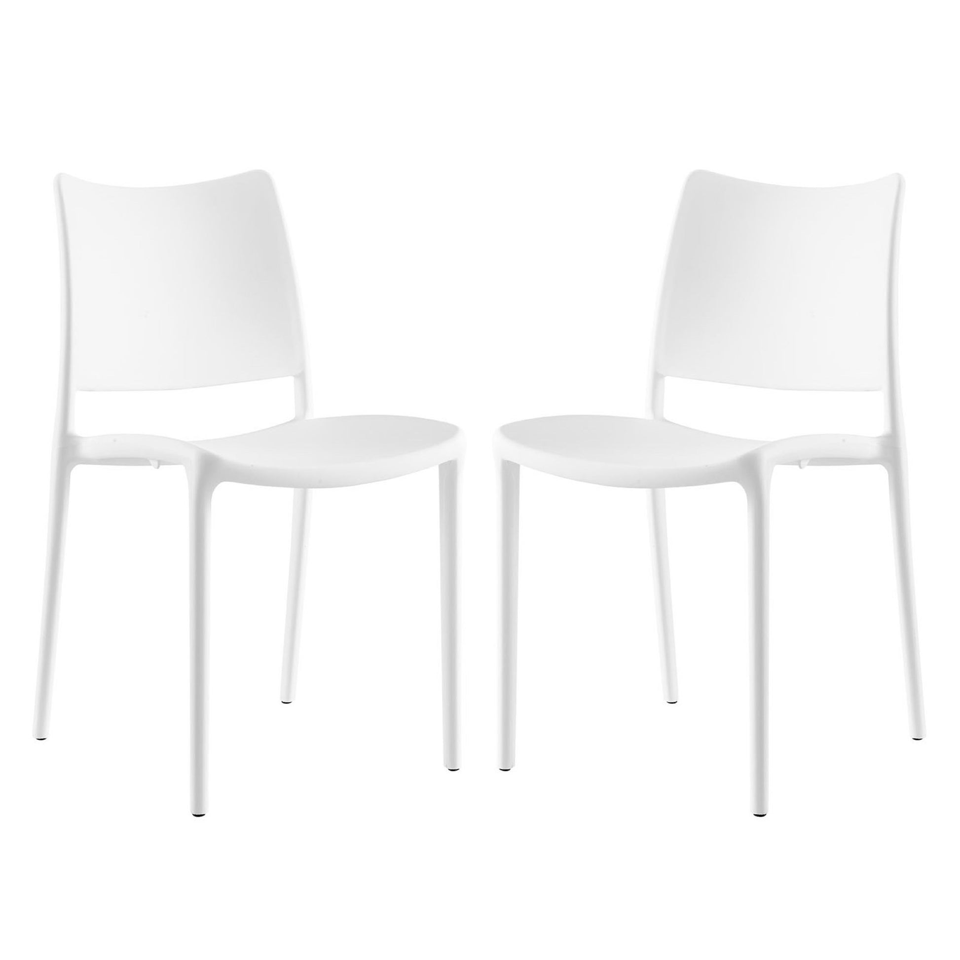 Pair of white modern dining side chairs with curved backrests and slim metal legs.