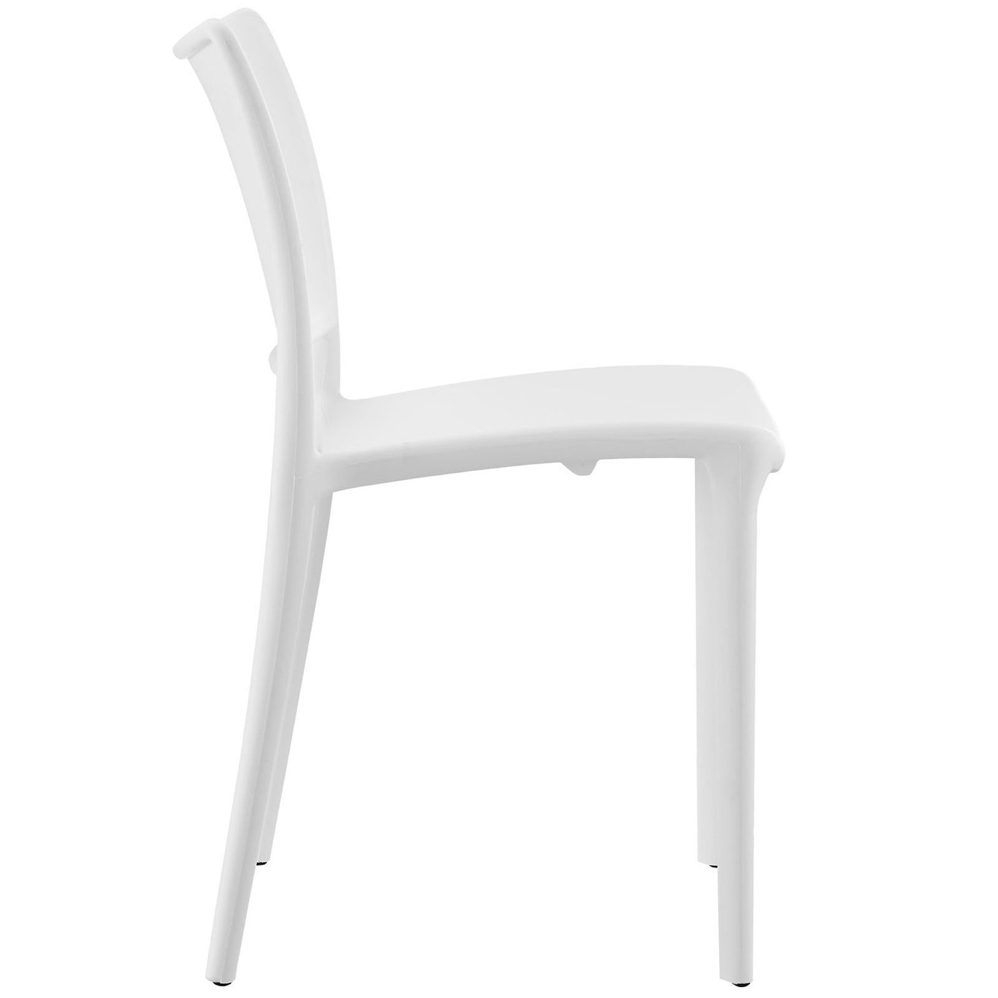 White molded plastic dining chair with curved backrest and slim legs, modern minimalist design.