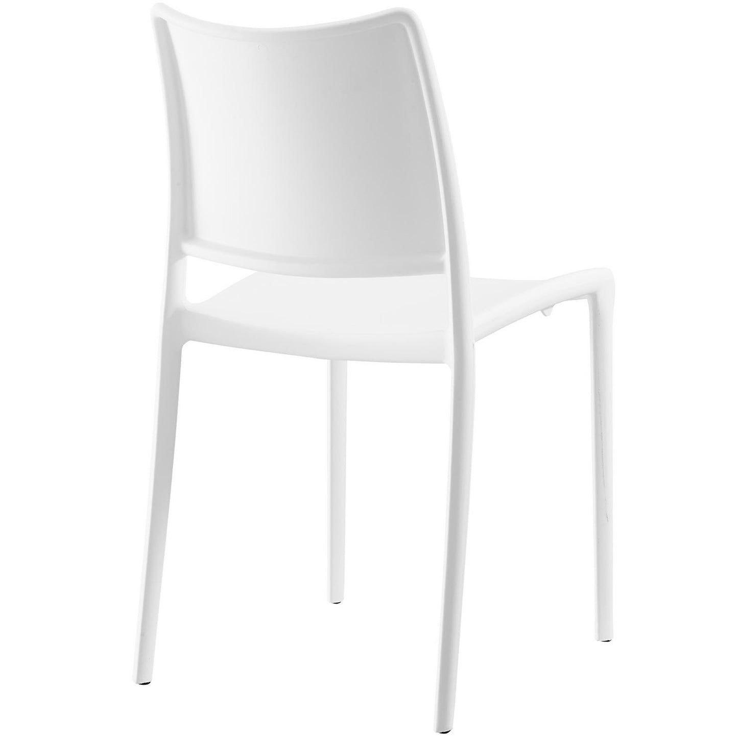 White molded plastic dining chair with curved backrest and slender legs, modern minimalist style.