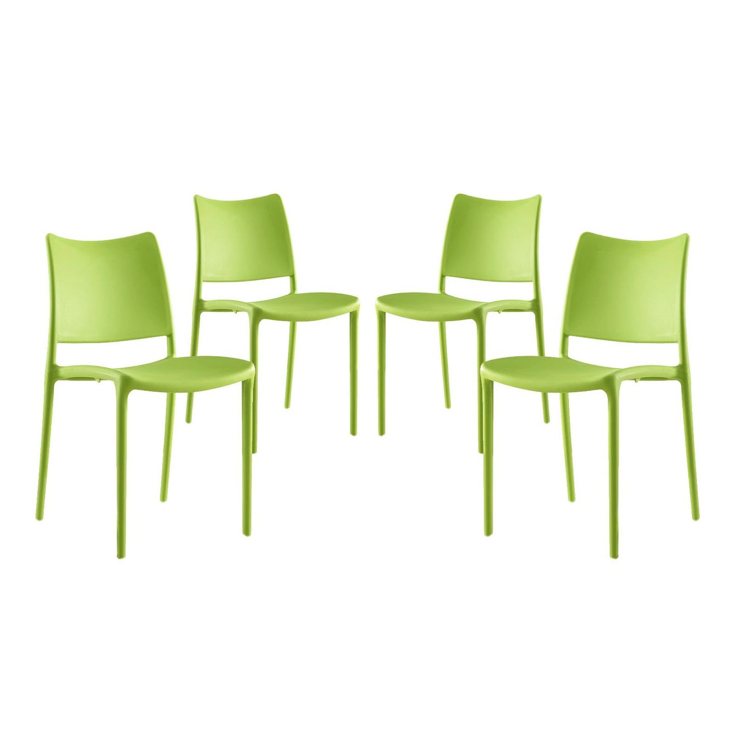 Four lime-green plastic dining chairs with curved backs and slender legs, modern minimalist dining set.
