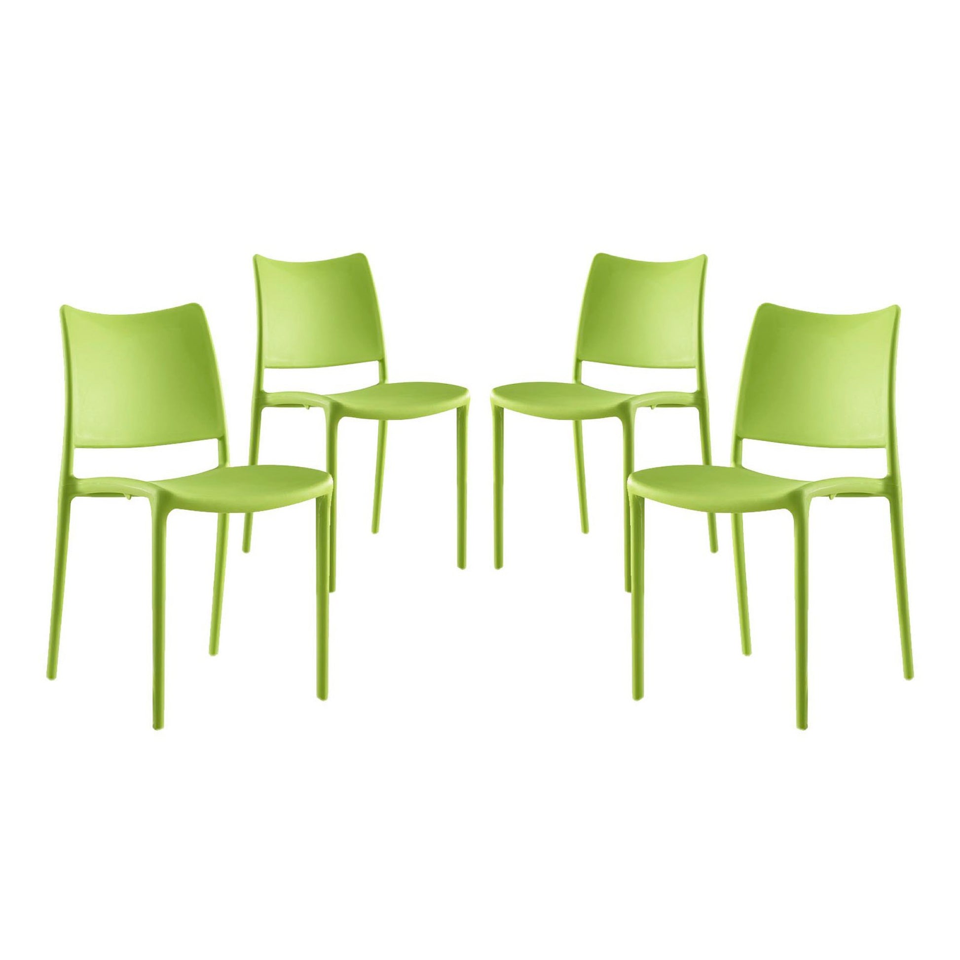 Four lime-green plastic dining chairs with curved backs and slender legs, modern minimalist dining set.