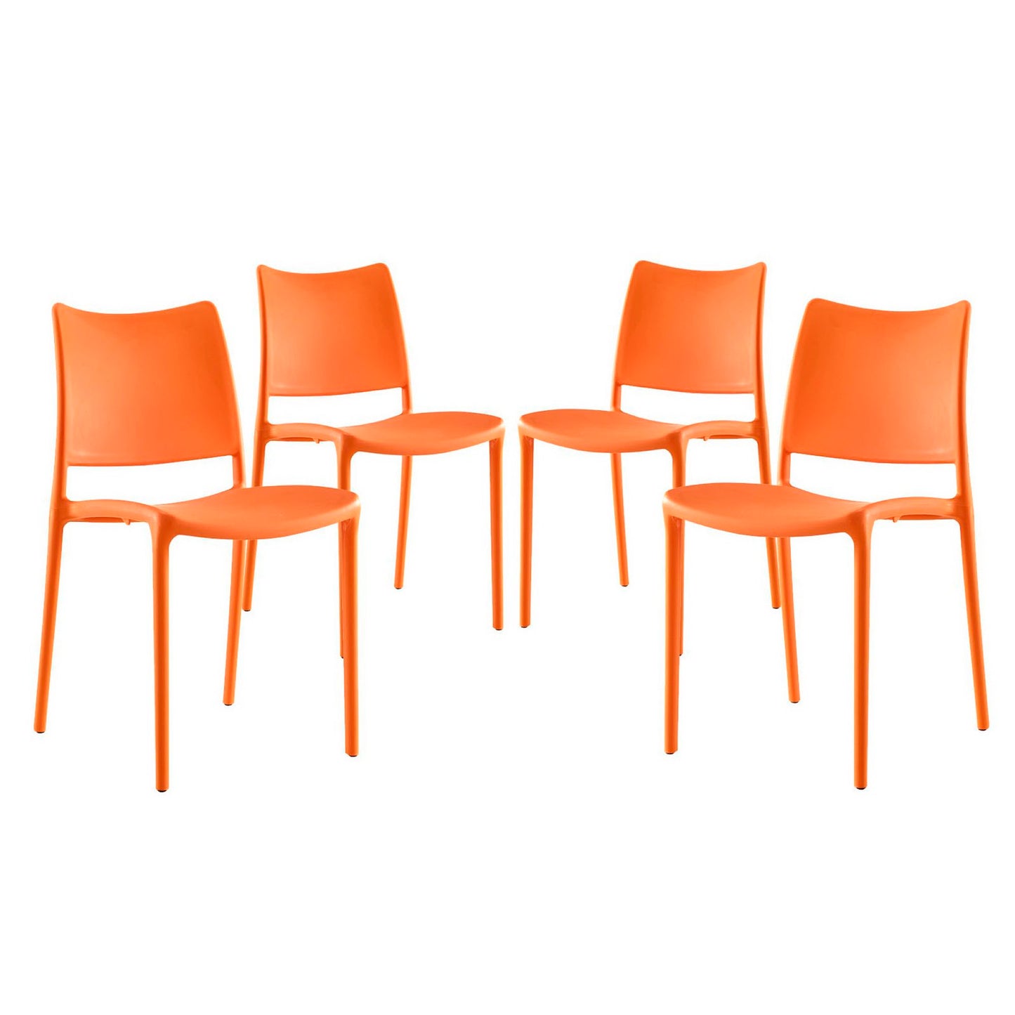 Set of 4 orange plastic dining chairs with curved backs and slender legs.