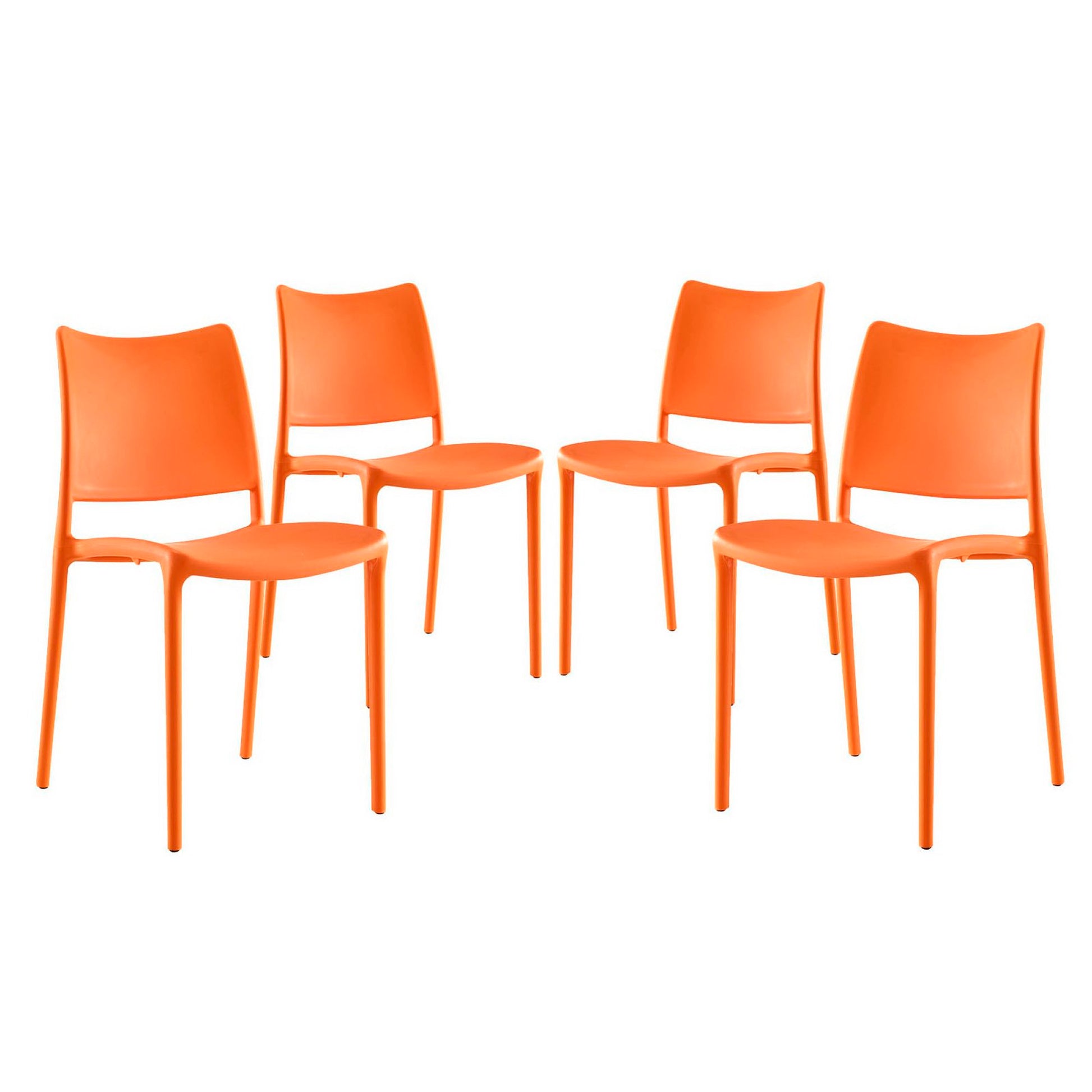 Set of 4 orange plastic dining chairs with curved backs and slender legs.