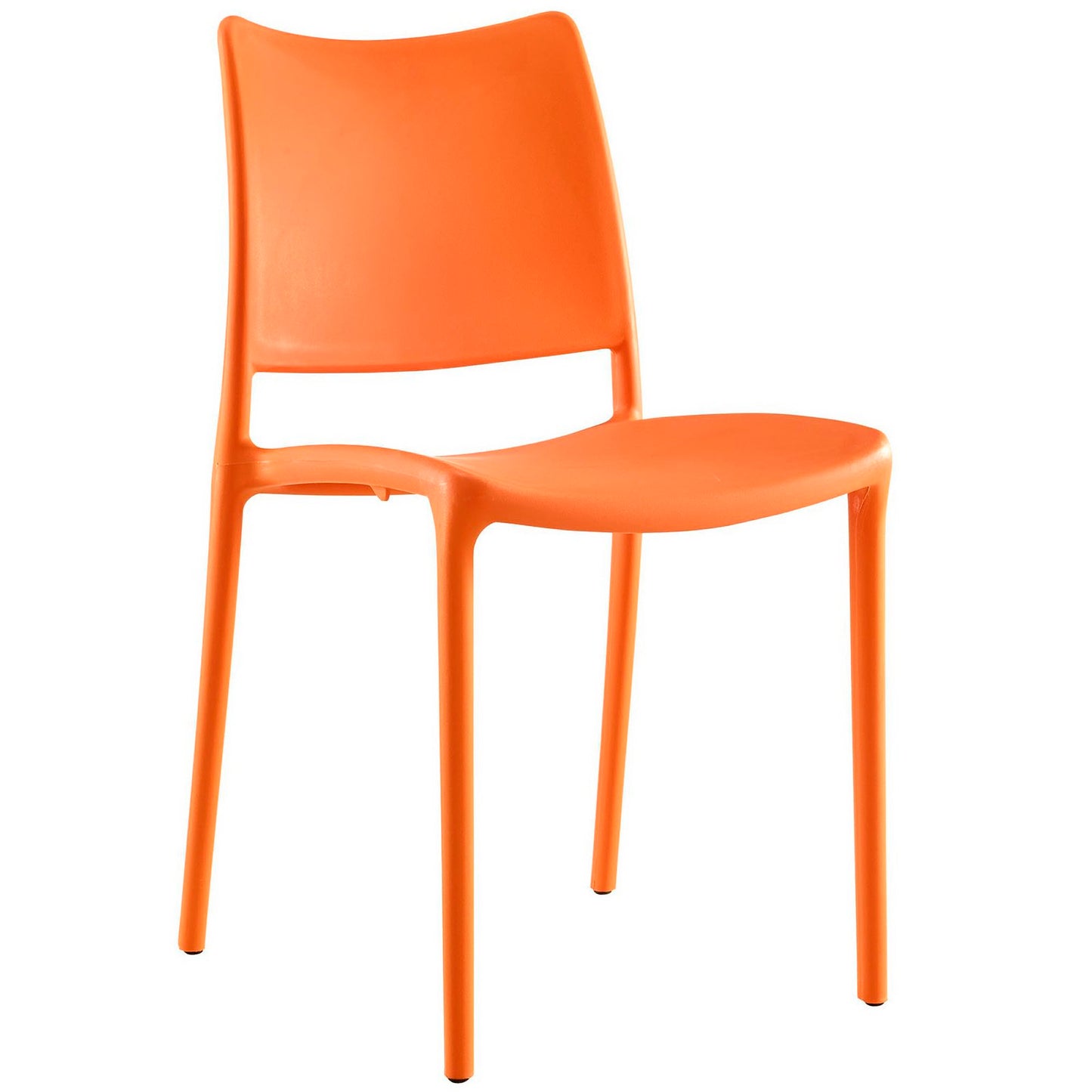 Bright orange molded plastic dining side chairs set of 4 with curved backrests and four slender legs.