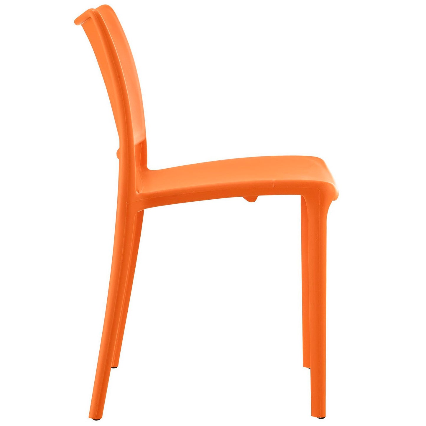 Orange molded plastic dining side chair with curved back and slim four legs, set of 4.