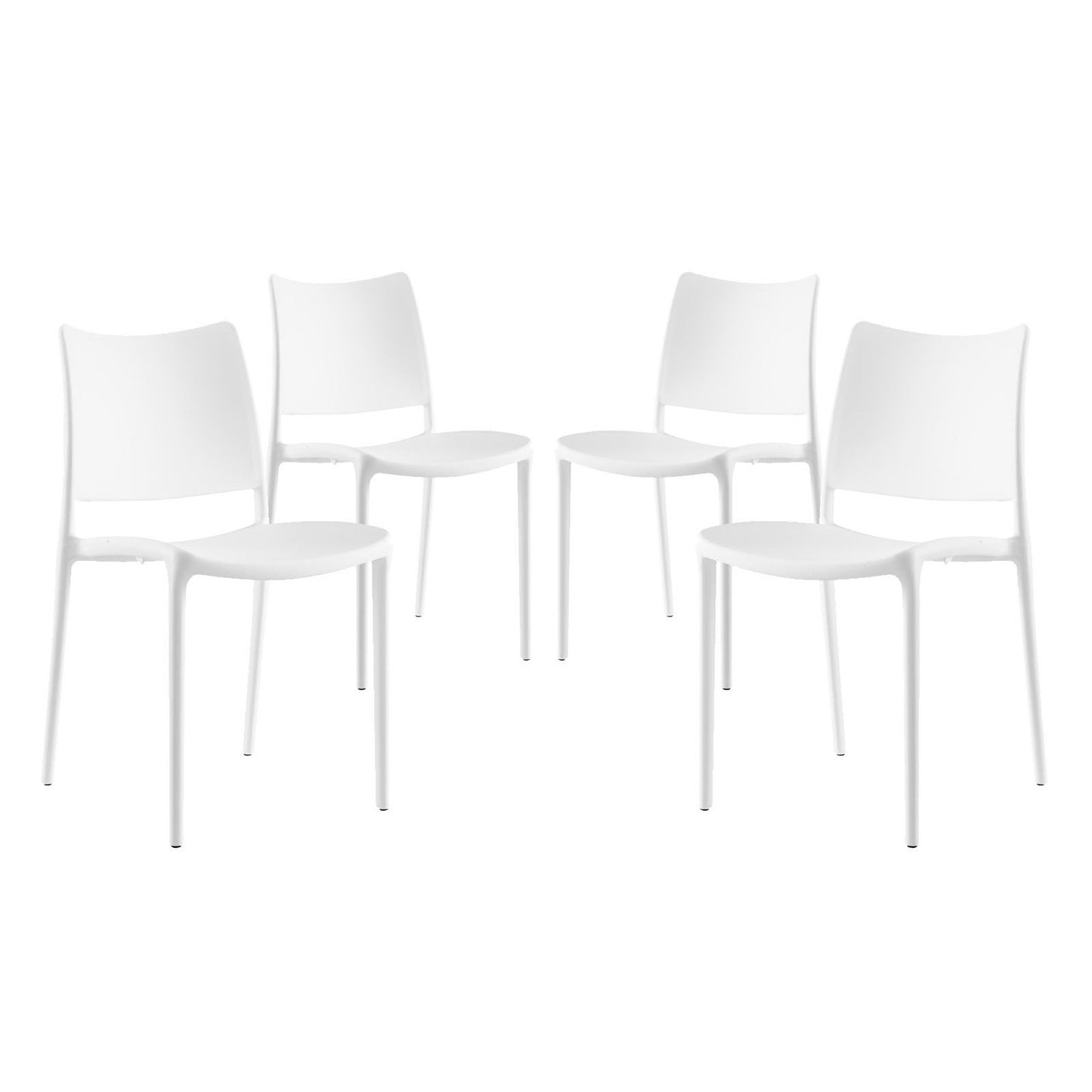 Set of four white molded-plastic dining side chairs with curved backs & slender metal legs.