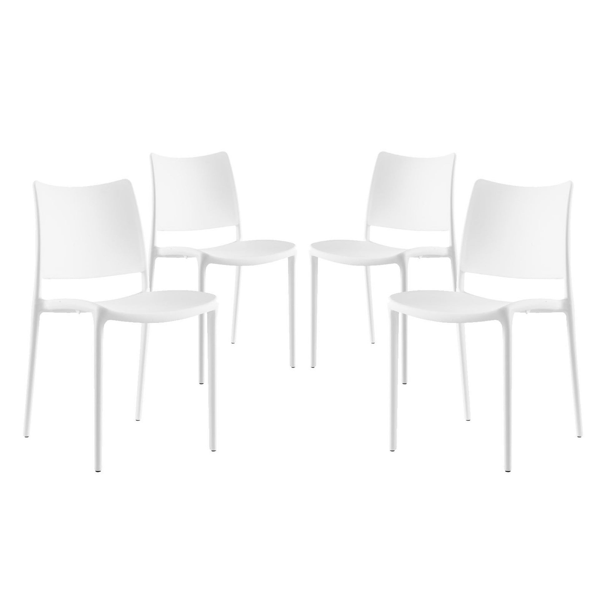 Set of four white molded-plastic dining side chairs with curved backs & slender metal legs.