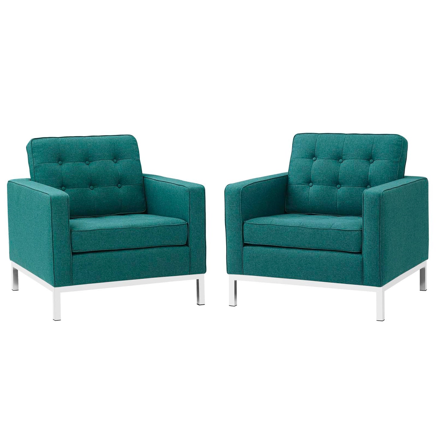 Pair of teal fabric armchairs with tufted backs, square arms and chrome legs.