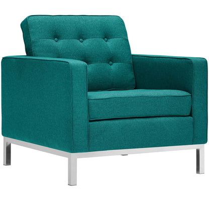 Teal upholstered fabric armchairs set of 2 with tufted back cushions and metal legs in a modern style.